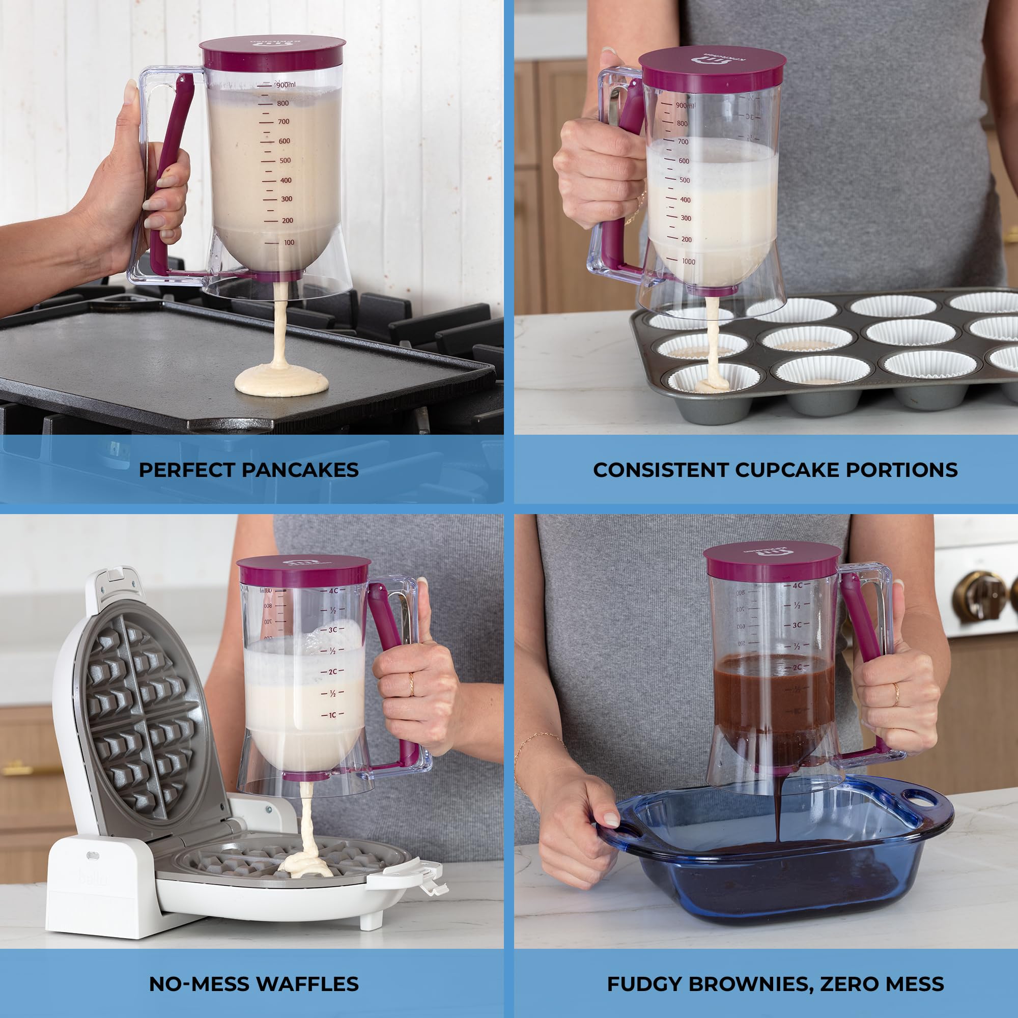 Pancake Batter Dispenser - Kitchen Must Have Tool for Perfect Pancakes, Cupcake, Waffle, Muffin Mix, Cake & Crepe - Easy Pour Baking Supplies for Griddle - Pancake Maker with Measuring Label (Purple)