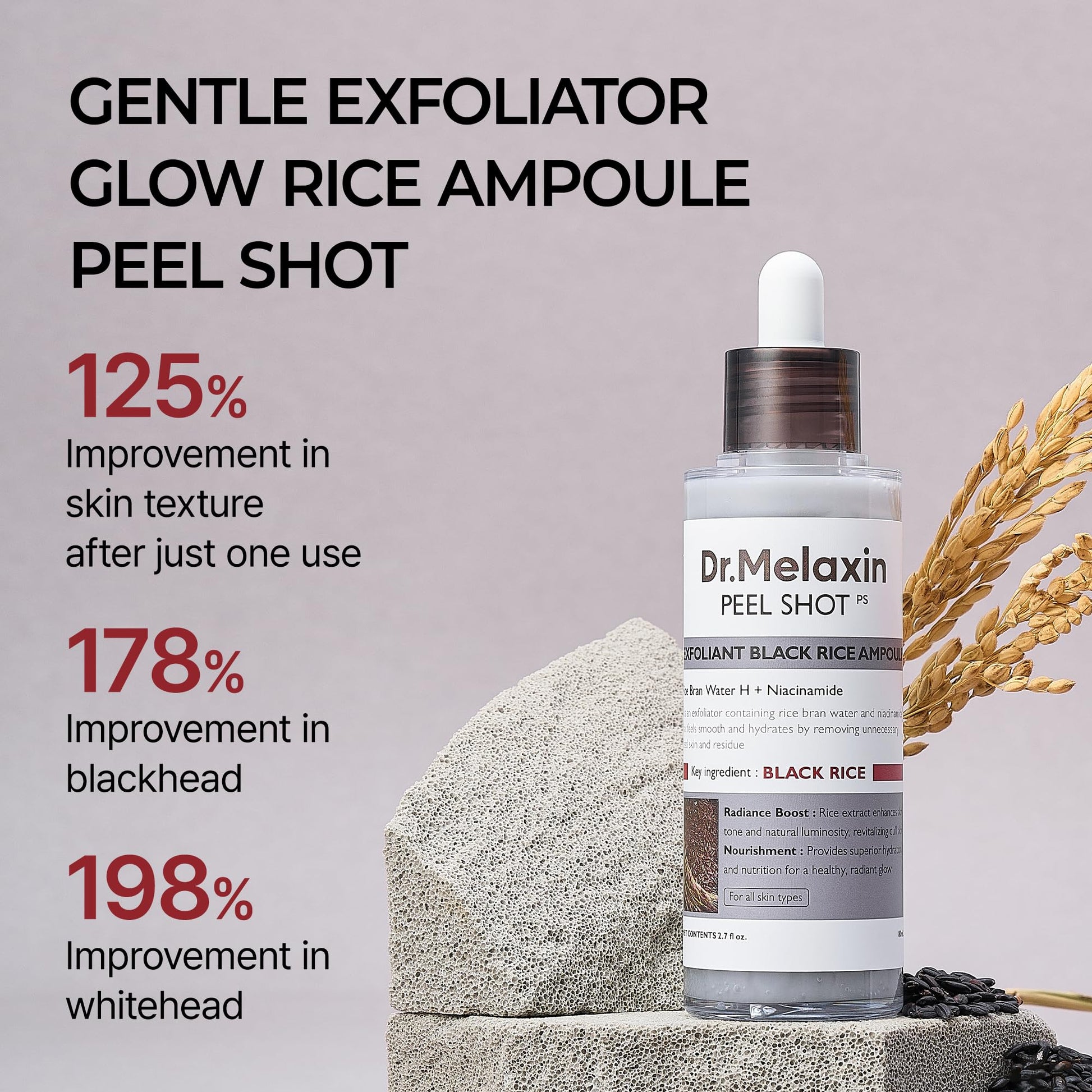 Dr.Melaxin Peel Shot Glow Black Rice Peeling Ampoule, Soft Exfoliating Face and Body Scrub Dead Skin Cells, Blackheads Remover for All Skin Types korean skin care 80ml