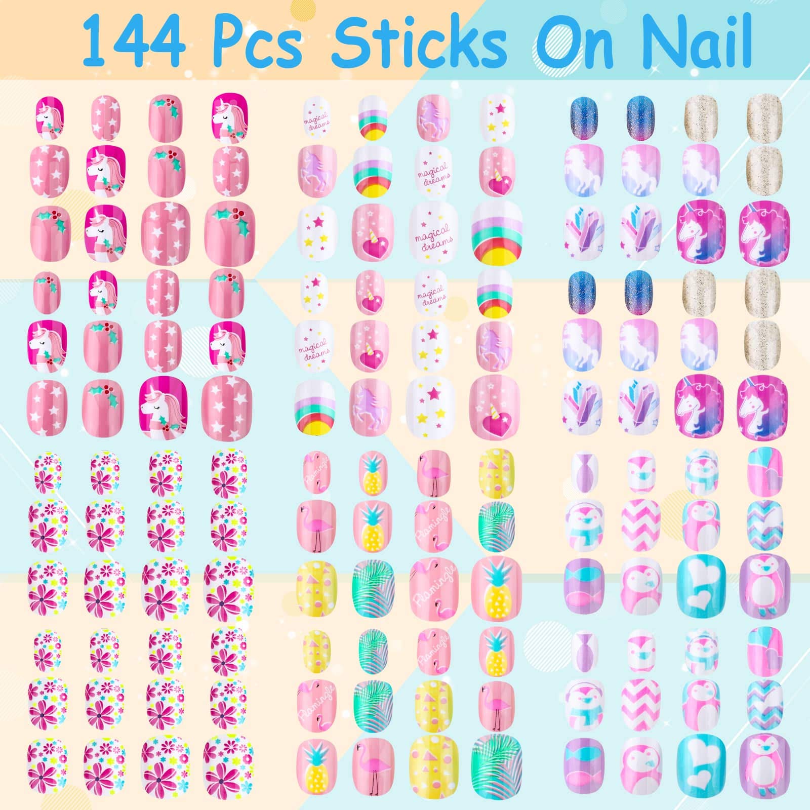 144 Pieces Press on Nails Grils, Thrilez Children Fake Artificial False Nail Tips Pre Glue Full Cover Short Acrylic Nails for Girls Kids Nail Art Decoration (Rainbow Sky)