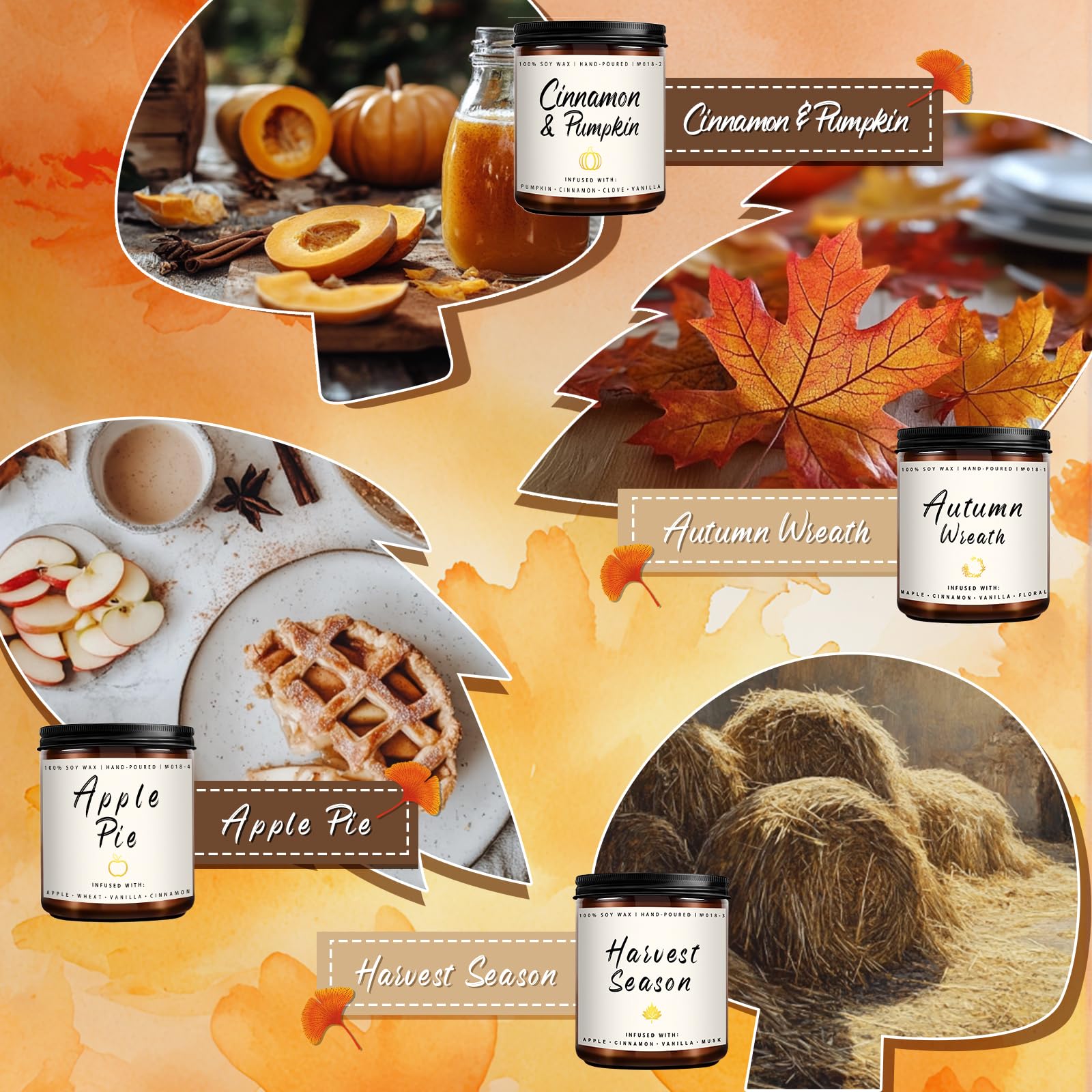 Auelife Fall Candle Set | 4 Pack Scented Candles for Home - Candle Gifts for Women Men, Soy Candles Home Scented | Autumn Fragrance of - Apple Pie/Cinnamon/Harvest/Wreath