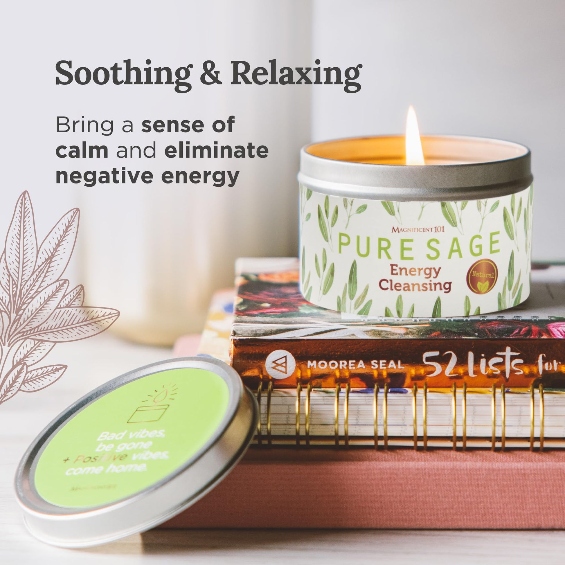 Magnificent 101 Long Lasting Pure White Sage Candle - 6 Oz - 35 Hour Burn Time - Organic, All Natural, Soy Candle to Cleanse Your Home & Calm, Soothe, Use with Sage Smudge Kit - Spiritual