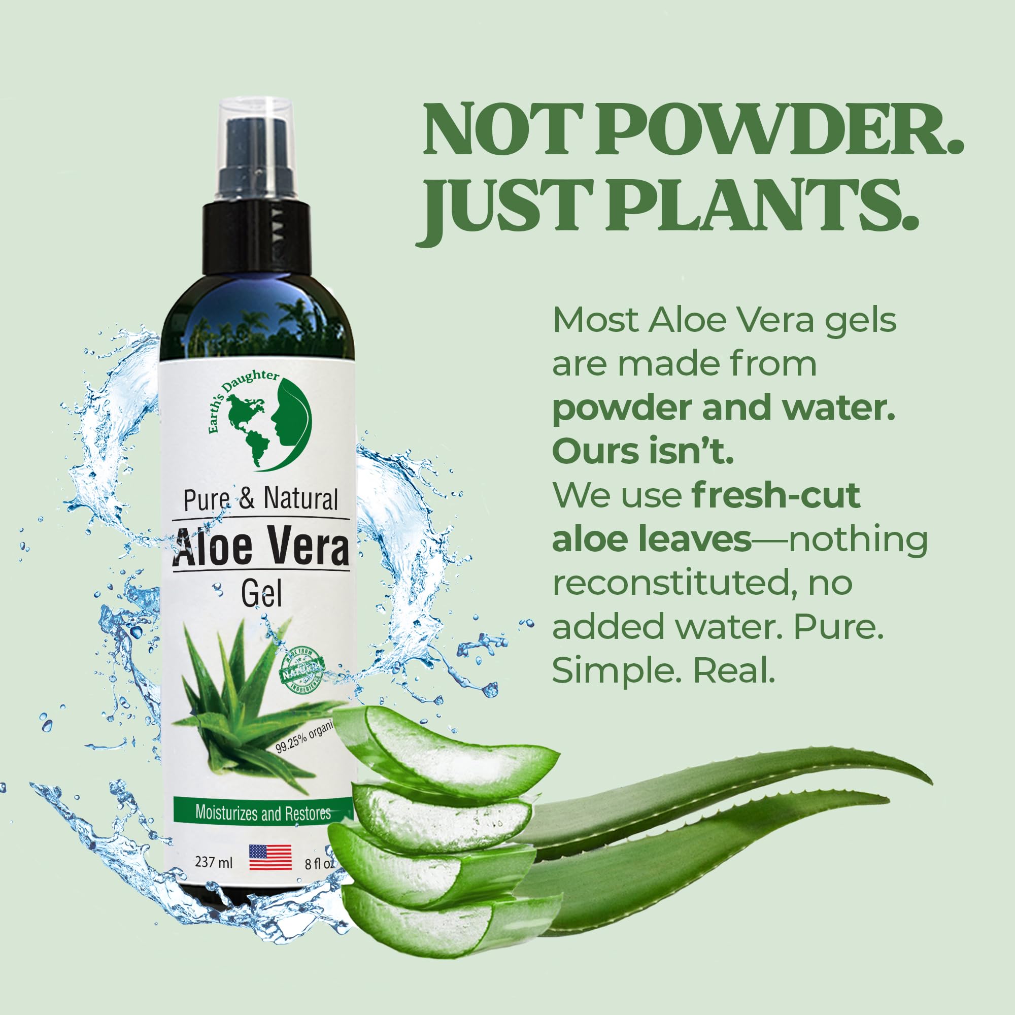 Earth's Daughter Organic Aloe Vera Gel from 100% Pure and Natural Cold Pressed Aloe - Great for Face - Hair - Acne - Sunburn - Bug Bites - Rashes - Eczema - 8 Oz.