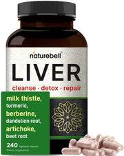 Liver Cleanse Detox & Repair, 240 Veggie Capsules | Milk Thistle with Turmeric, Dandelion Root, Artichoke, Black Currant Oil & More in 15-in-1 Herbal Formula | Premium Liver Support Supplement