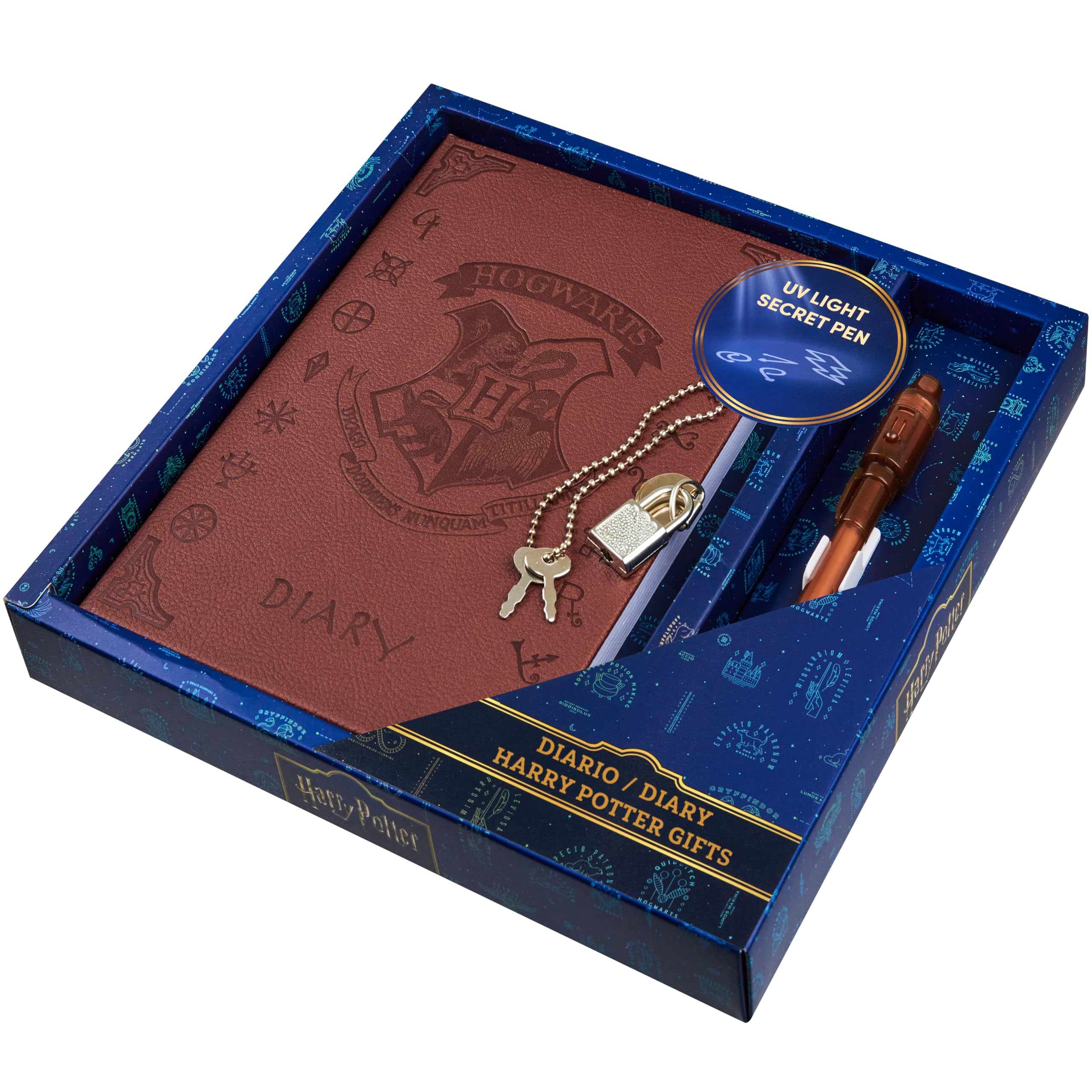 Harry Potter abschließbares Tagebuch mit UV-Unsichtbarkeitsstift für Kinder, Teenager, Geheimtagebuch mit Schlüssel, linierte Seiten, Schreibwaren, Geschenke für Kinder (brauner UV-Stift)