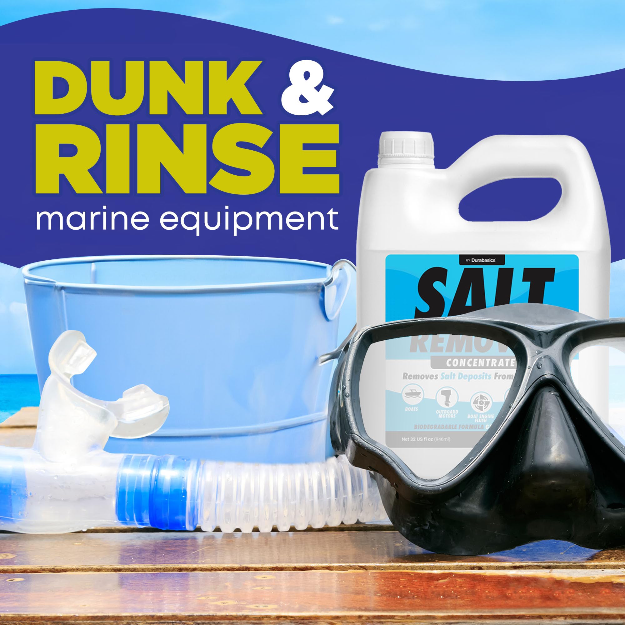 Durabasics Salt Remover Concentrate Kit - Ultimate Boat Salt Remover for Boats & Marine Engine Flush - 32 OZ with Hose Applicator - Perfect for Outboard Motor Flush & Washing Salt Deposits Away