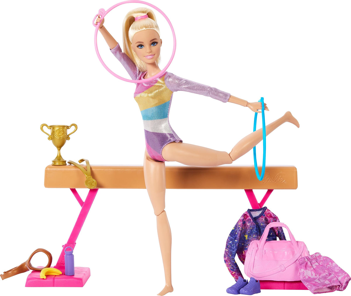 Barbie Karriere-Spielset, Gymnastik-Set mit blonder Gymnastikpuppe, C-Clip für Überschlag-Action, Schwebebalken, Trainingsanzug & Zubehör