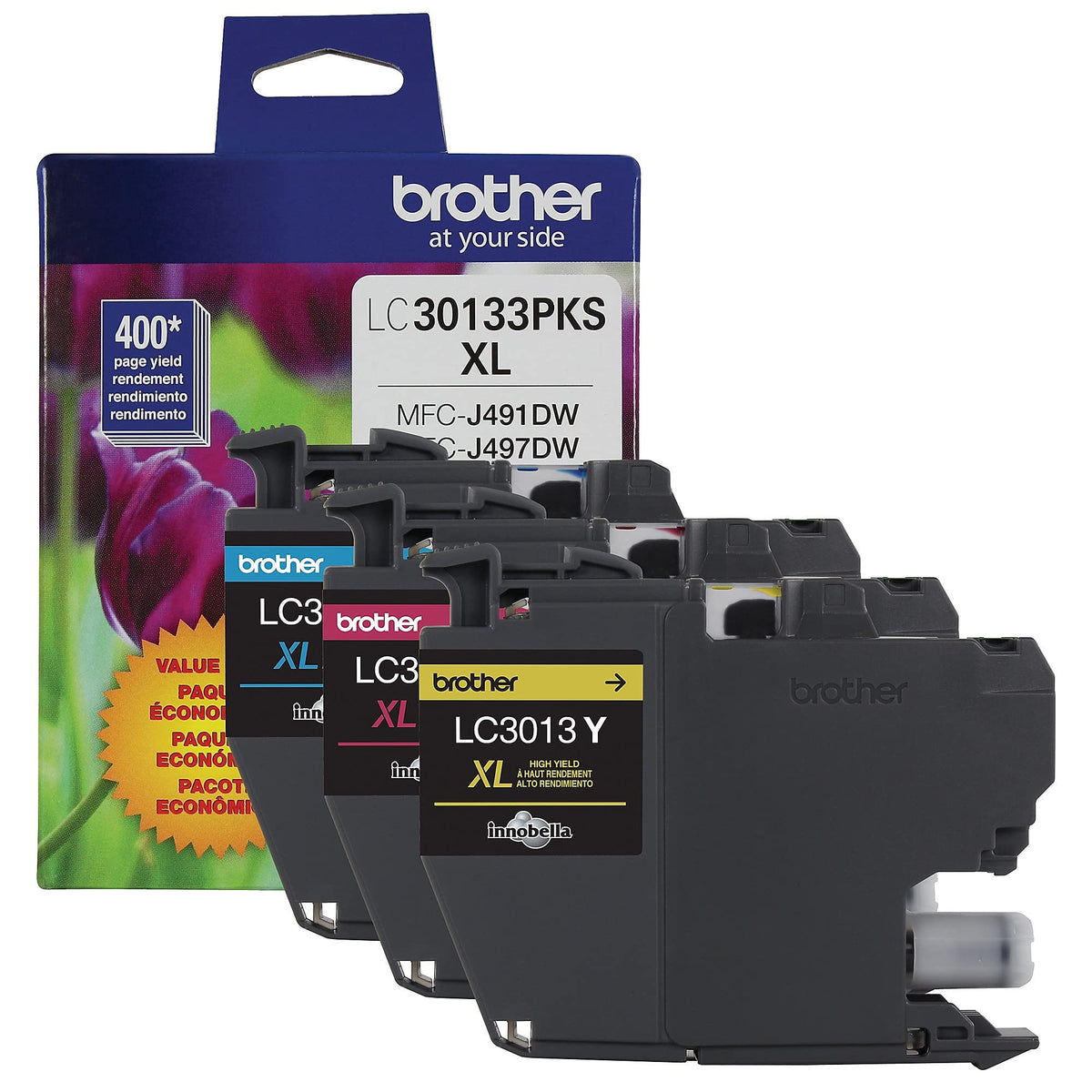 عبوات حبر طابعة ملونة عالية الإنتاجية من Brother موديل LC3013 من 3 عبوات لسلسلة Work Smart - حبر احترافي لطابعات MFC-J491DW و J497DW و J690DW و J895DW - حتى 400 صفحة لكل عبوة