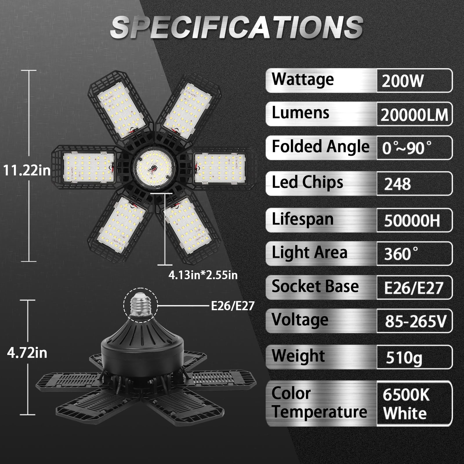 AUDLES 2 Pack Garage Light, 200W 20000LM 6500K LED Shop Lights, Garage Lights Ceiling Led with 6+1 Deformable Panels, Screw in E26/E27 Socket Bulb for Warehouse, Workshop, Basement, Barn Lighting