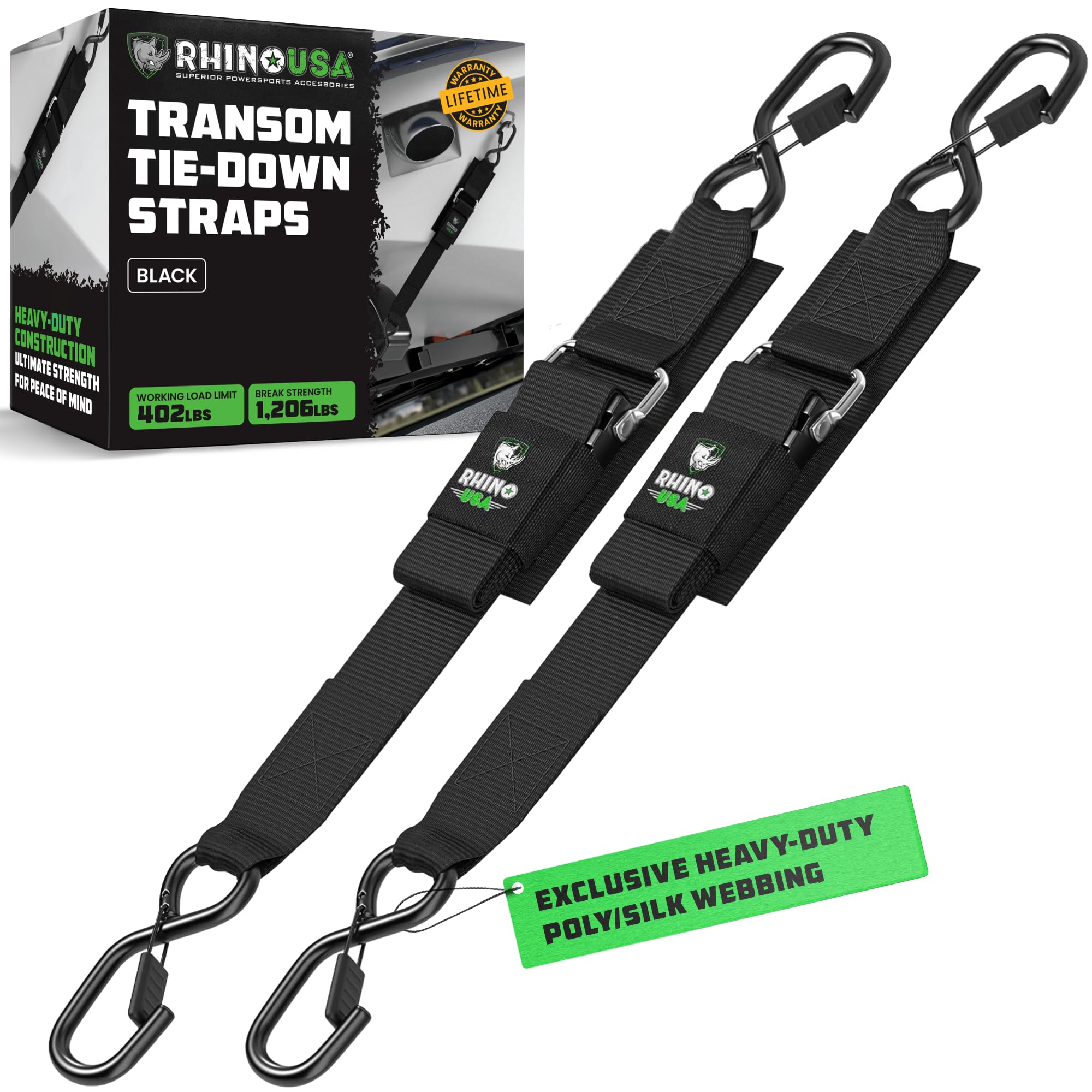 Rhino USA Bootsanhänger-Spanngurte (2er-Pack) – Robuste 2 Zoll x 48 Zoll Bootsspanngurte für Anhänger – Ultimative verstellbare Heckspanngurte für mehr Sicherheit beim Trailern von Booten, Jetskis und mehr!
