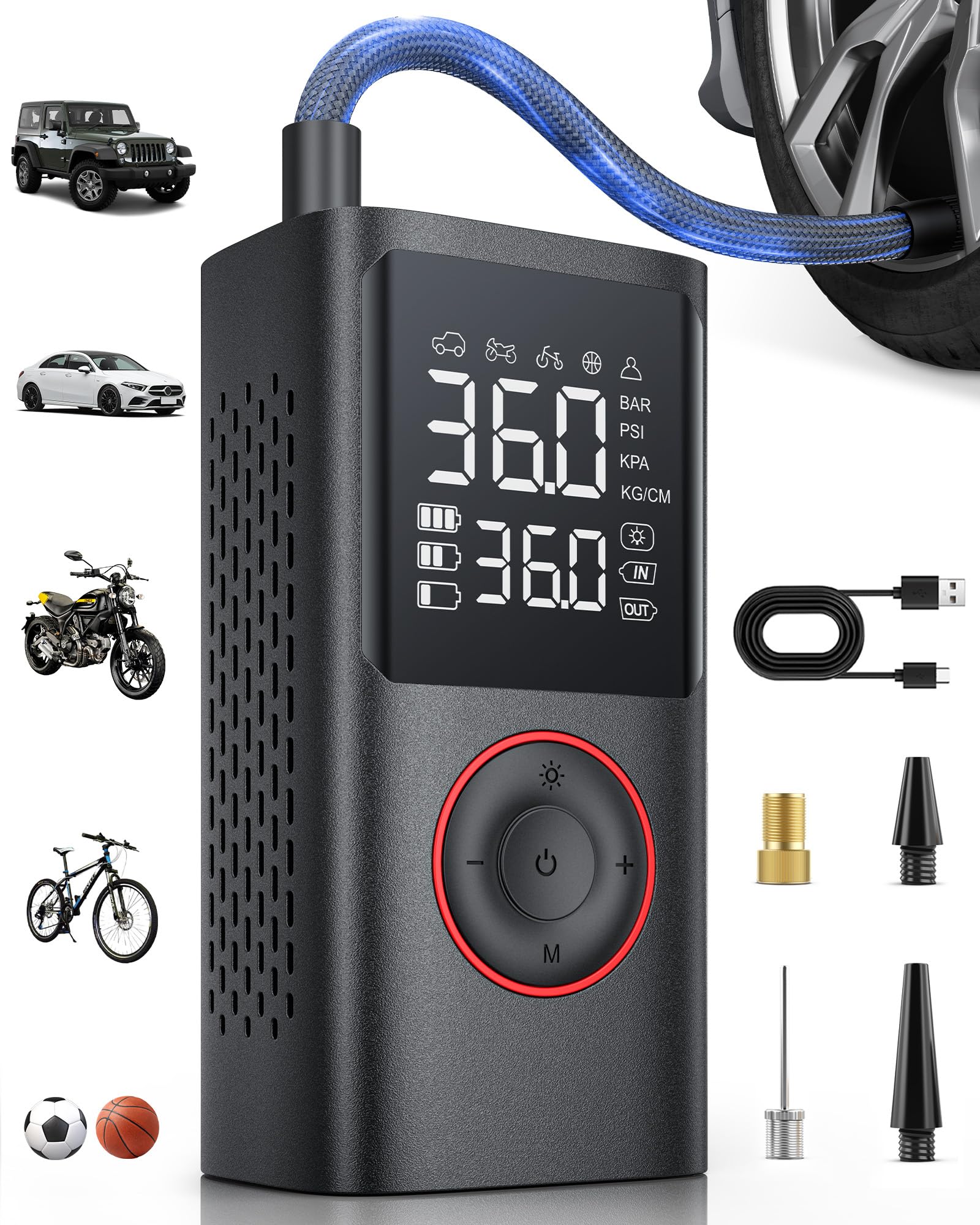 Powools Reifenfüller, tragbarer Luftkompressor, kabellose 150 PSI Fahrradpumpe, Luftpumpe für Auto, Motorrad, Fahrrad, Bälle mit Manometer, LED-Licht & Autozubehör, Schwarz, Medium