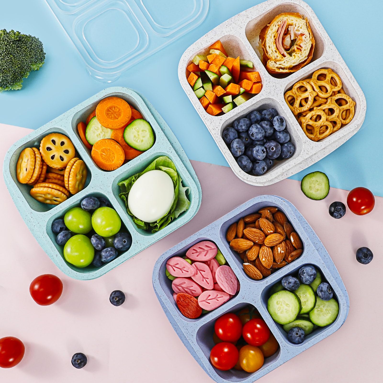 Caperci 4 Pack Bento Snack Boxes Lunchable Containers for Kids & Adults, Wheat Straw 4-Compartment Reusable Food Storage Containers for Snacks & Small Meal (Multicolor & Clear Lids)