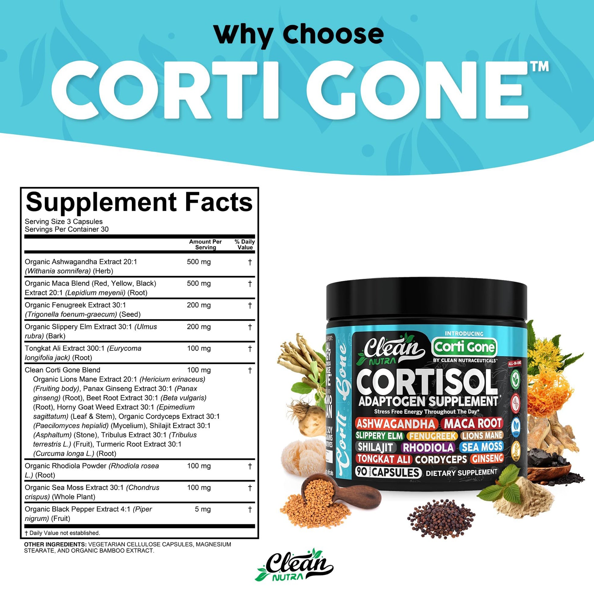 Clean Nutra Cortisol Supplements For Women | Maca Root Ashwagandha Cortisol Detox Manager Reducer + Slippery Elm Fenugreek Lions Mane Shilajit Rhodiola Sea Moss Tongkat Ali Cordyceps Ginseng Beet Root