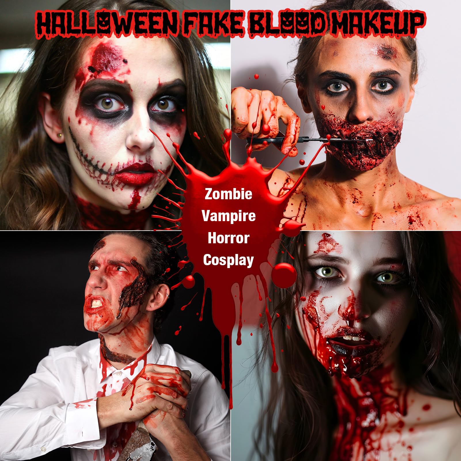 3PCS Halloween Fake Blood Kit, 2.03oz Fake Blood Spray and 2.03oz Dripping Blood and 1.06oz Coagulated Gel Blood, Realistic Washable Fake Blood Makeup for Zombie Vampire Monster Cosplay & Dress Up