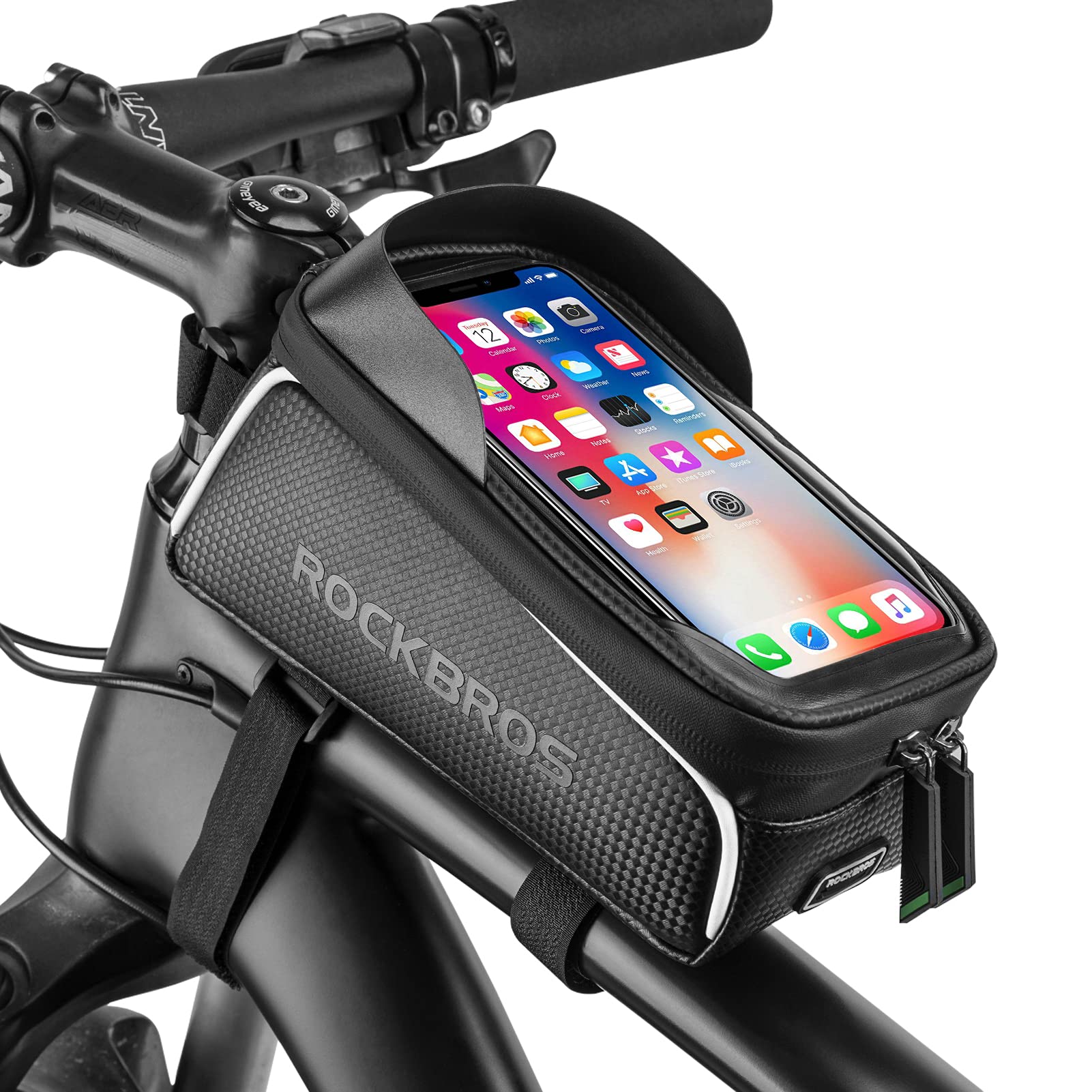 ROCKBROS Fahrrad/Fahrrad-Handy-Fronttasche, wasserdicht, Rahmentasche, Lenkertasche, Fahrradzubehör für Herren, kompatibel mit Handys unter 7 Zoll