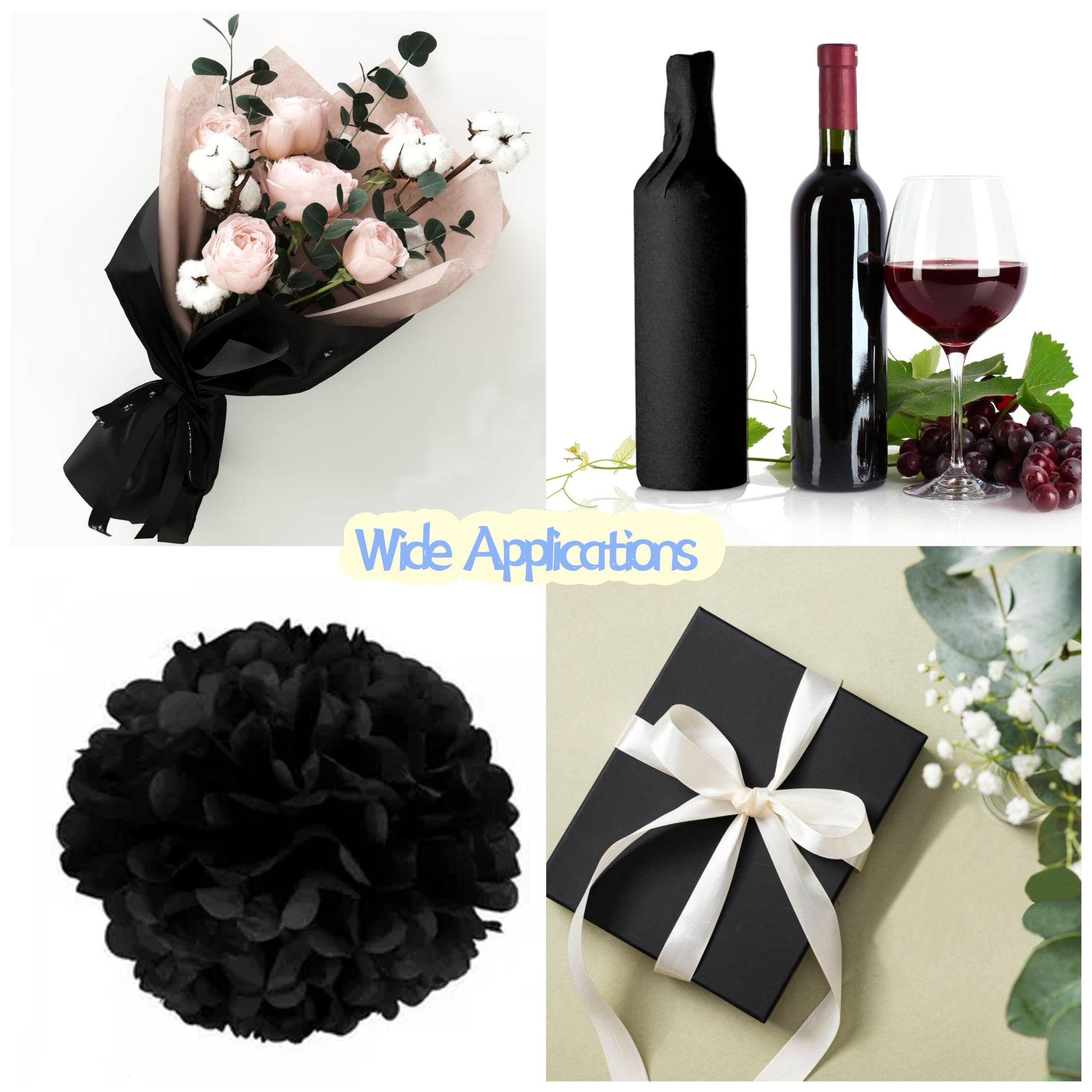 Hlonon Black Tissue Paper - 30 Sheets, 14 x 20 Inch, Gift Wrapping, DIY Crafts, Wedding, Birthday, Christmas