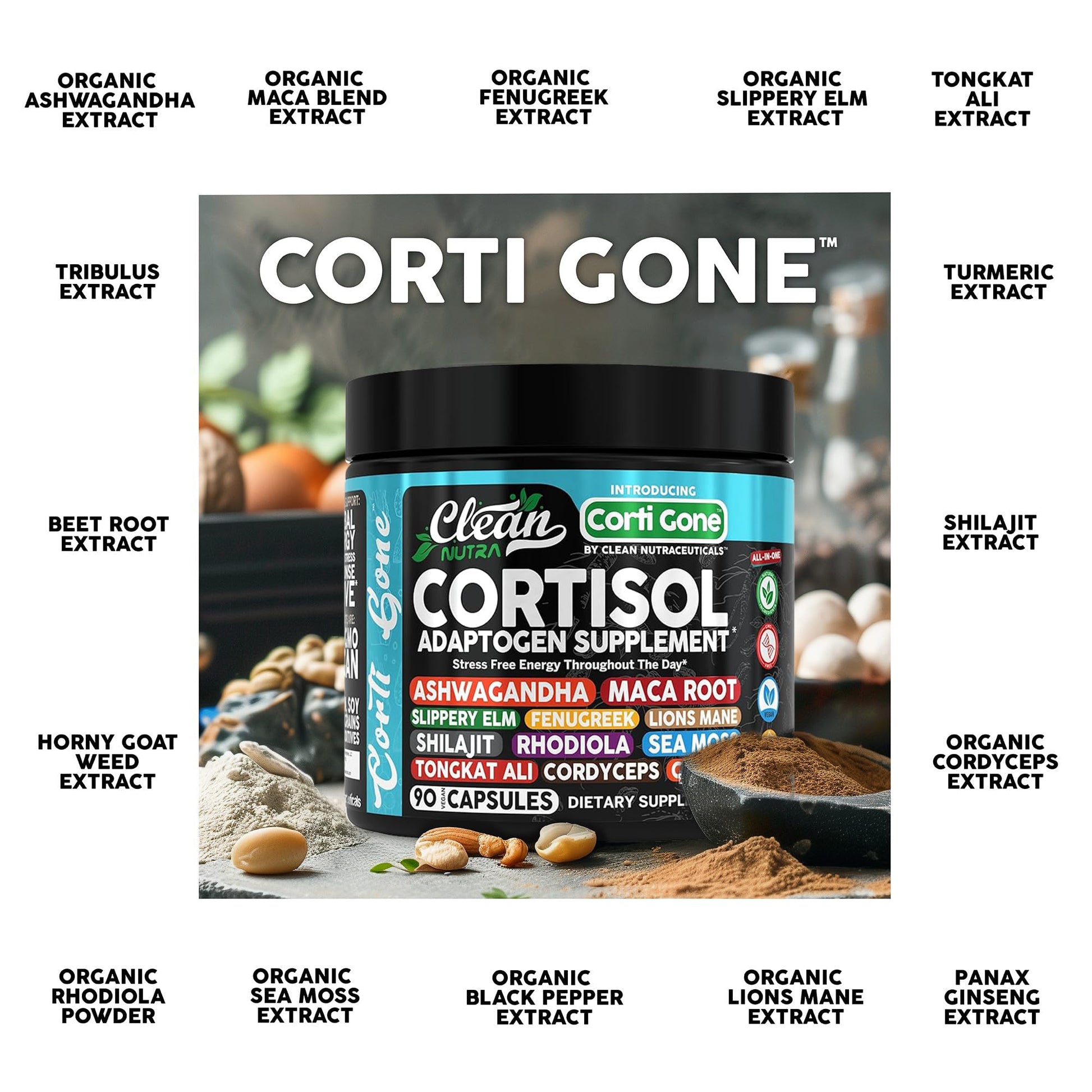 Clean Nutra Cortisol Supplements For Women | Maca Root Ashwagandha Cortisol Detox Manager Reducer + Slippery Elm Fenugreek Lions Mane Shilajit Rhodiola Sea Moss Tongkat Ali Cordyceps Ginseng Beet Root