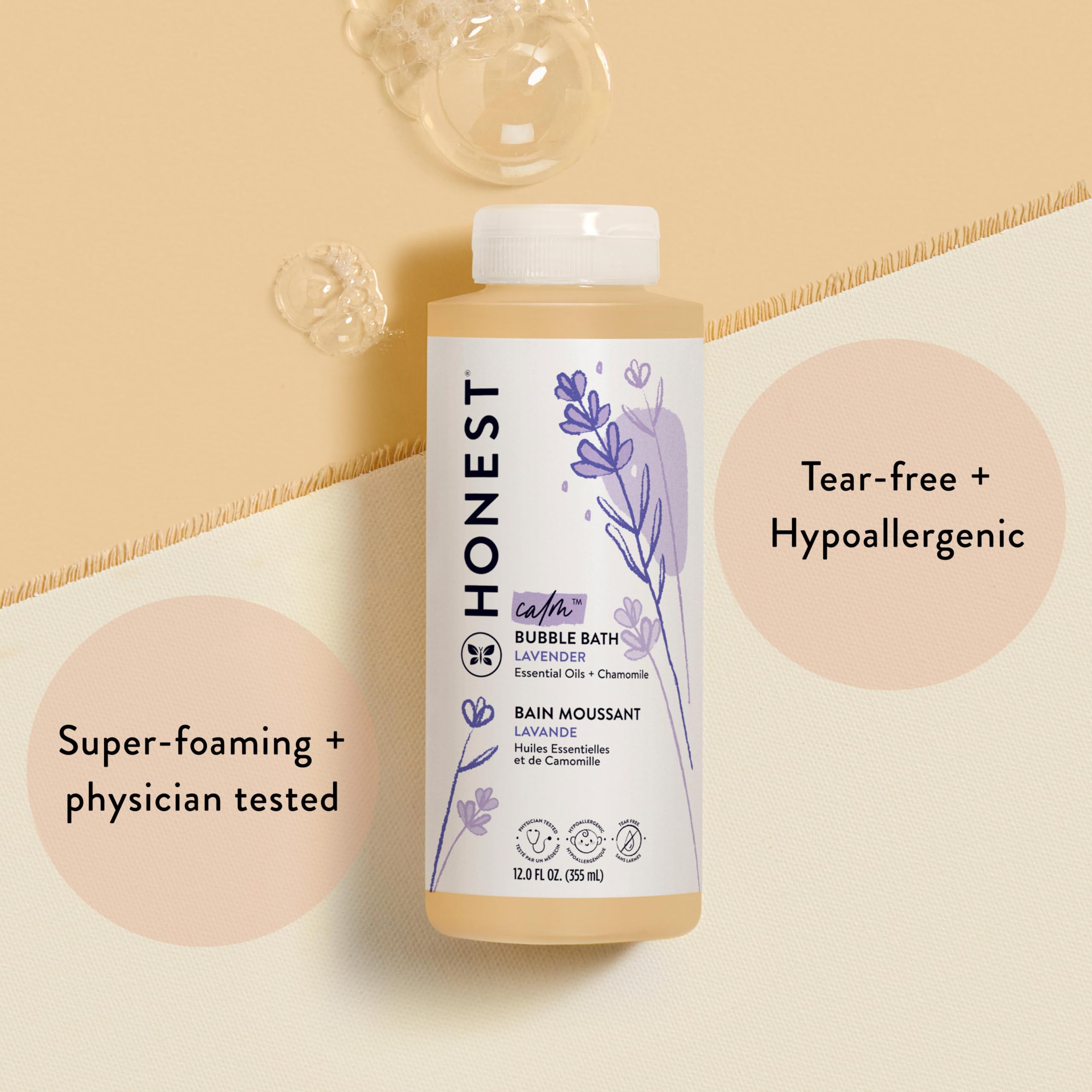 The Honest Company Foaming Bubble Bath | Gentle for Baby | Naturally Derived, Tear-free, Hypoallergenic | Lavender Calm, 12 fl oz