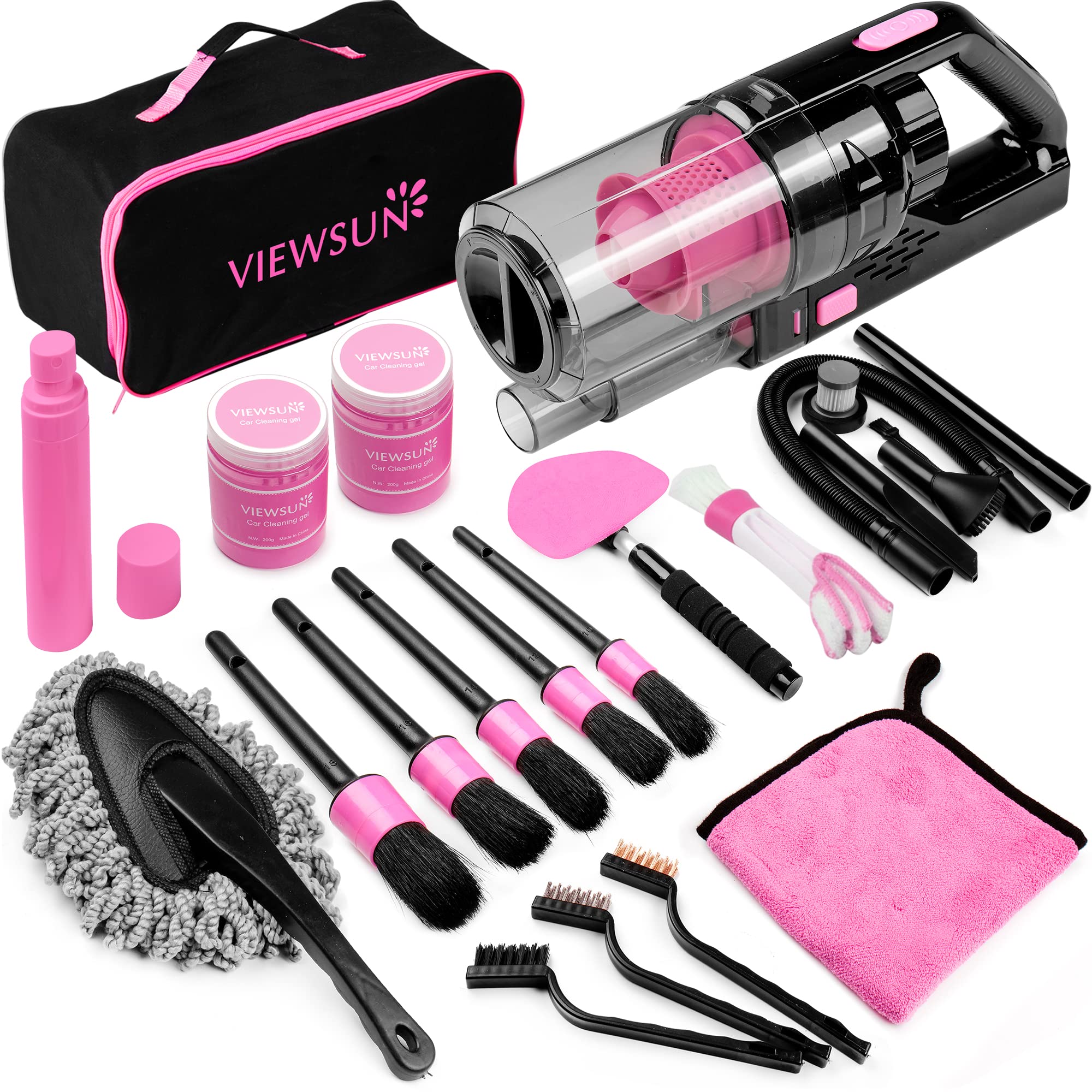Viewsun 17-teiliges Auto-Reinigungsset, rosa Auto-Innenraum-Detailing-Set mit Hochleistungs-Handstaubsauger, Detailing-Bürstenset, Windschutzscheibenreiniger, Reinigungs-Gel, komplettes Autozubehör als Geschenk für Frauen