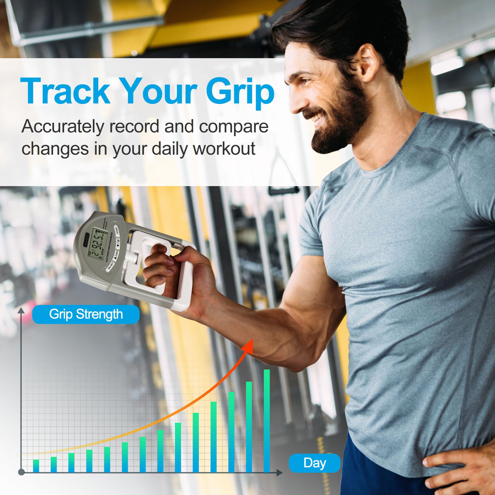 Handeful Grip Strength Tester - Dynamometer Handgrip Measurer Meter, Handheld Strengthener Exerciser for Sports, School, and Home Use (198Lbs / 90Kgs)
