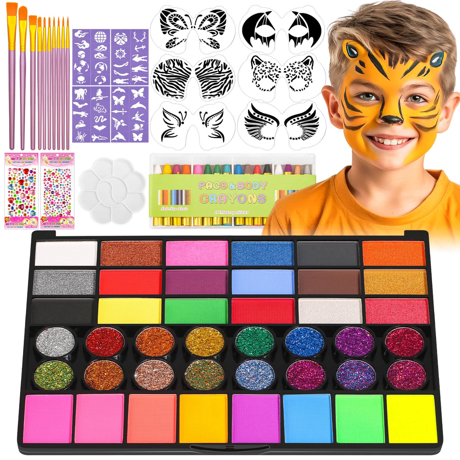Flasoo Kids Face Painting Kit - 42 Non-Toxic Colors, 16 Crayons, 6 Reusable & 40 Sticky Stencils for Parties & Halloween