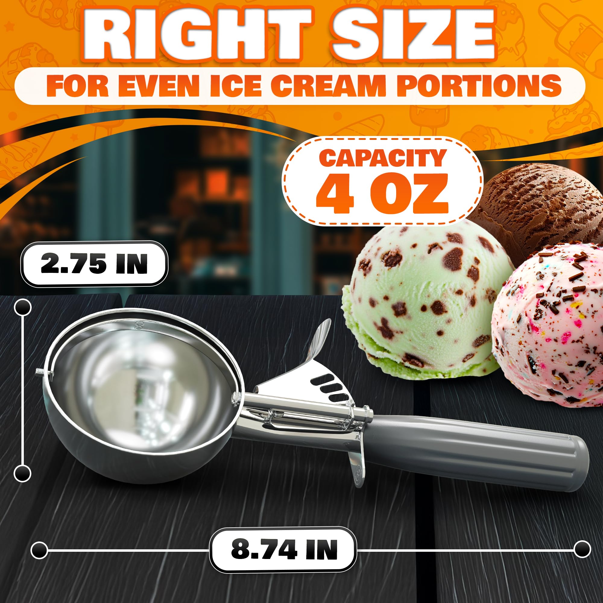 4 oz Ice Cream Scoop with Trigger Release #8 – Stainless Steel Versatile Tool for Baking, Cookies and Desserts Spoons, Easy-to-Clean, Dishwasher-Safe, Ergonomic Design for Precise Culinary Portions