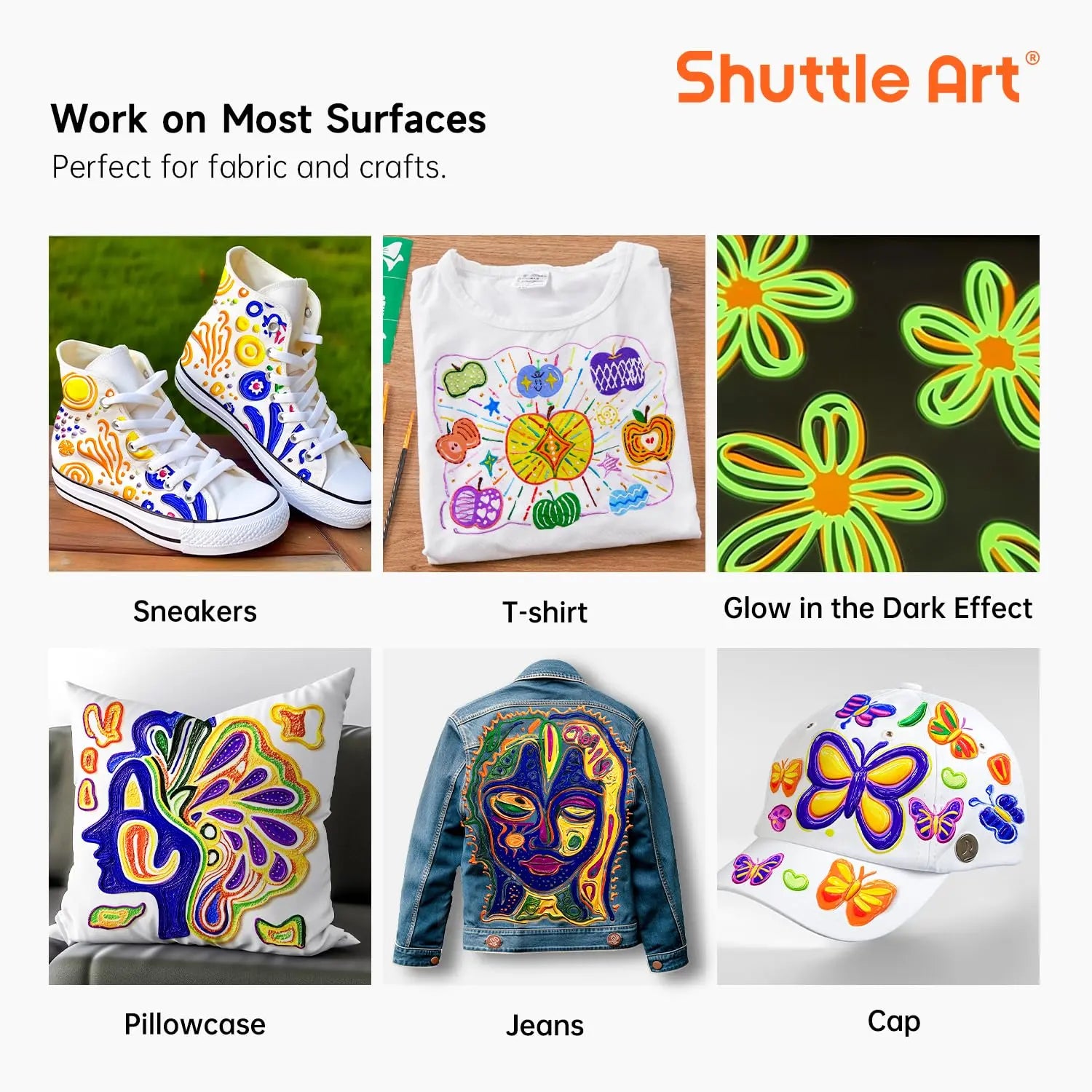 Shuttle Art Fabric Paint Set, 45 Colors 3D Permanent Paint with Brushes Palette Pen Fabric Sheet Stencils, Glow in The Dark, Glitter,Metallic Colors for Textile Fabric T-shirt Jeans Glass