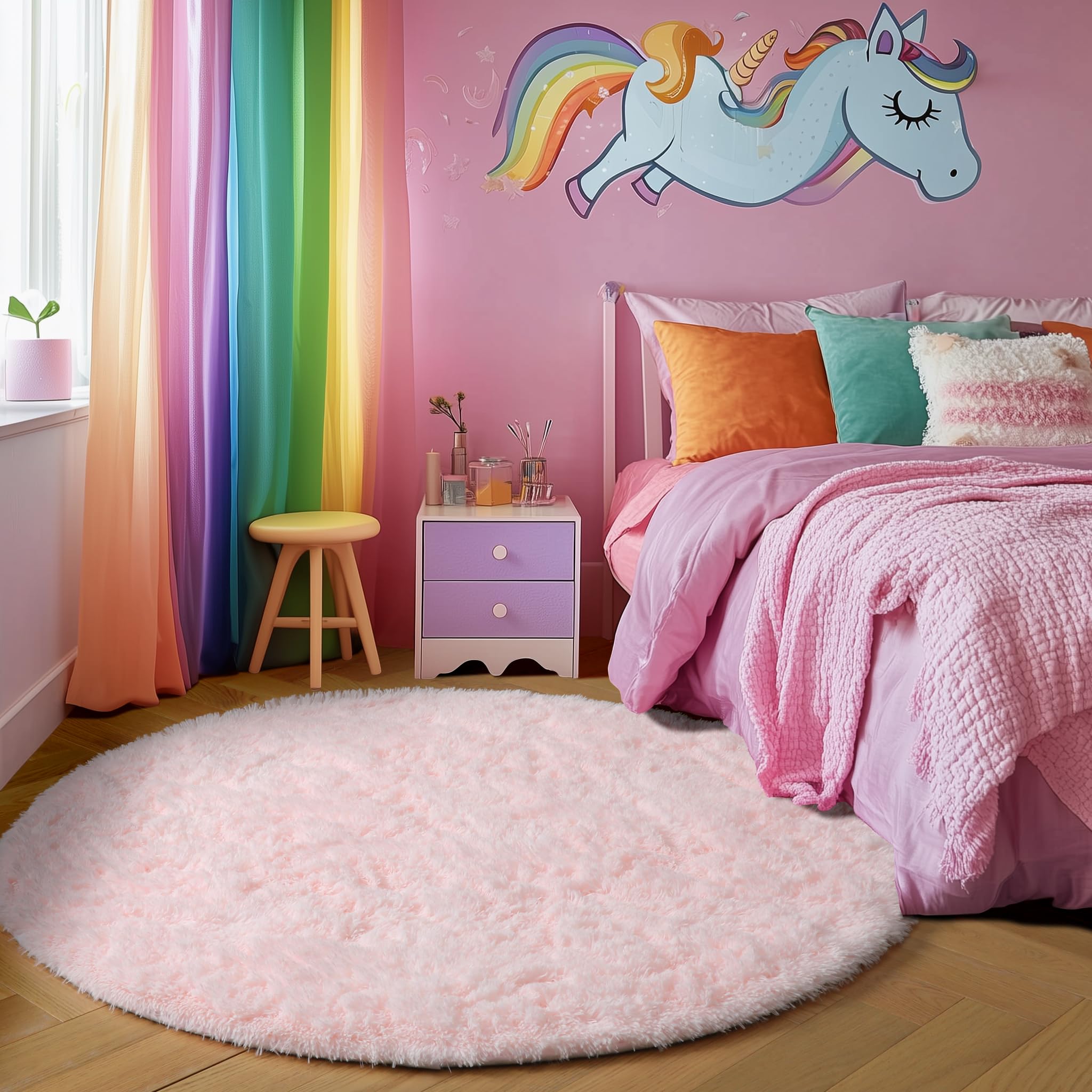Amdrebio Light Pink Round Rug 4Ft for Girls Bedroom, Fluffy Circle Area Rugs for Kids Room Decor Aesthetic, Cute Shag Fuzzy Carpet for Nursery, Preppy Dorm, Classroom, Playroom, Teen, Baby, Washable