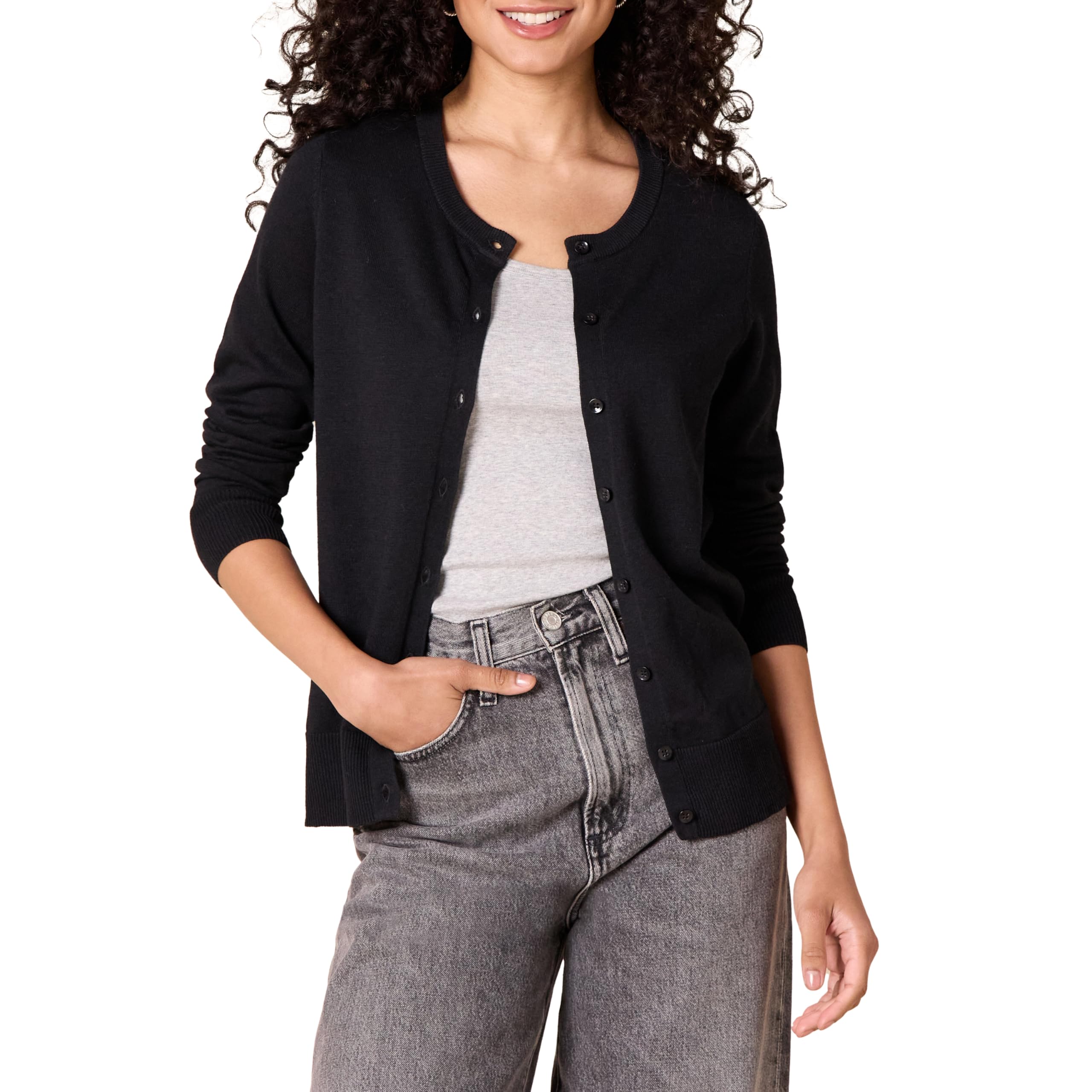 Essentials Women's Lightweight Crewneck Cardigan Sweater (Available in Plus Size), Black, Large