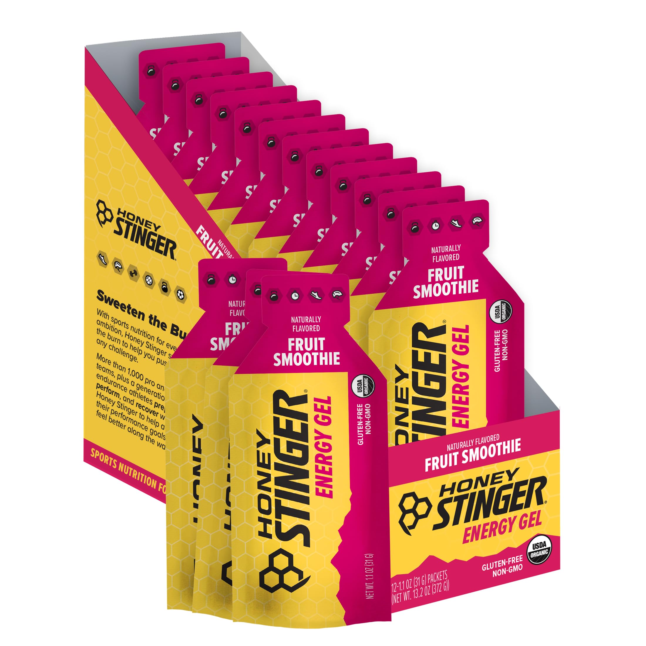 Honey Stinger Organic Fruit Smoothie Energiegel, Glutenfrei & Koffeinfrei, für Training, Laufen und Leistung, Sporternährung für Zuhause & Fitnessstudio, vor und während des Trainings, 12er-Pack, 374,21 Gramm