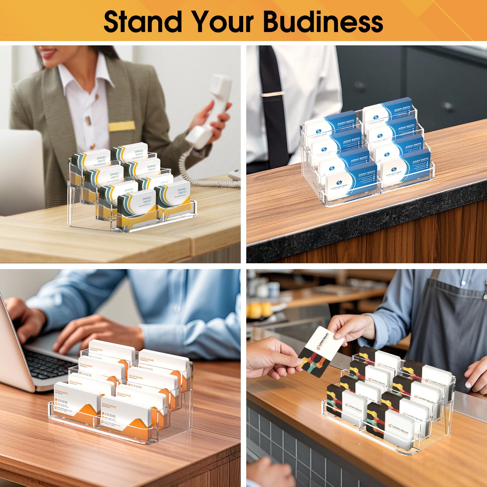 MaxGear Acrylic Business Card Holder for Desk Multiple Business Card Holders, Premium Cards Stand for Workspace, Clear Plastic Display Holder with 4 Tier for Office, 8 Pocket, 400 Cards Capacity