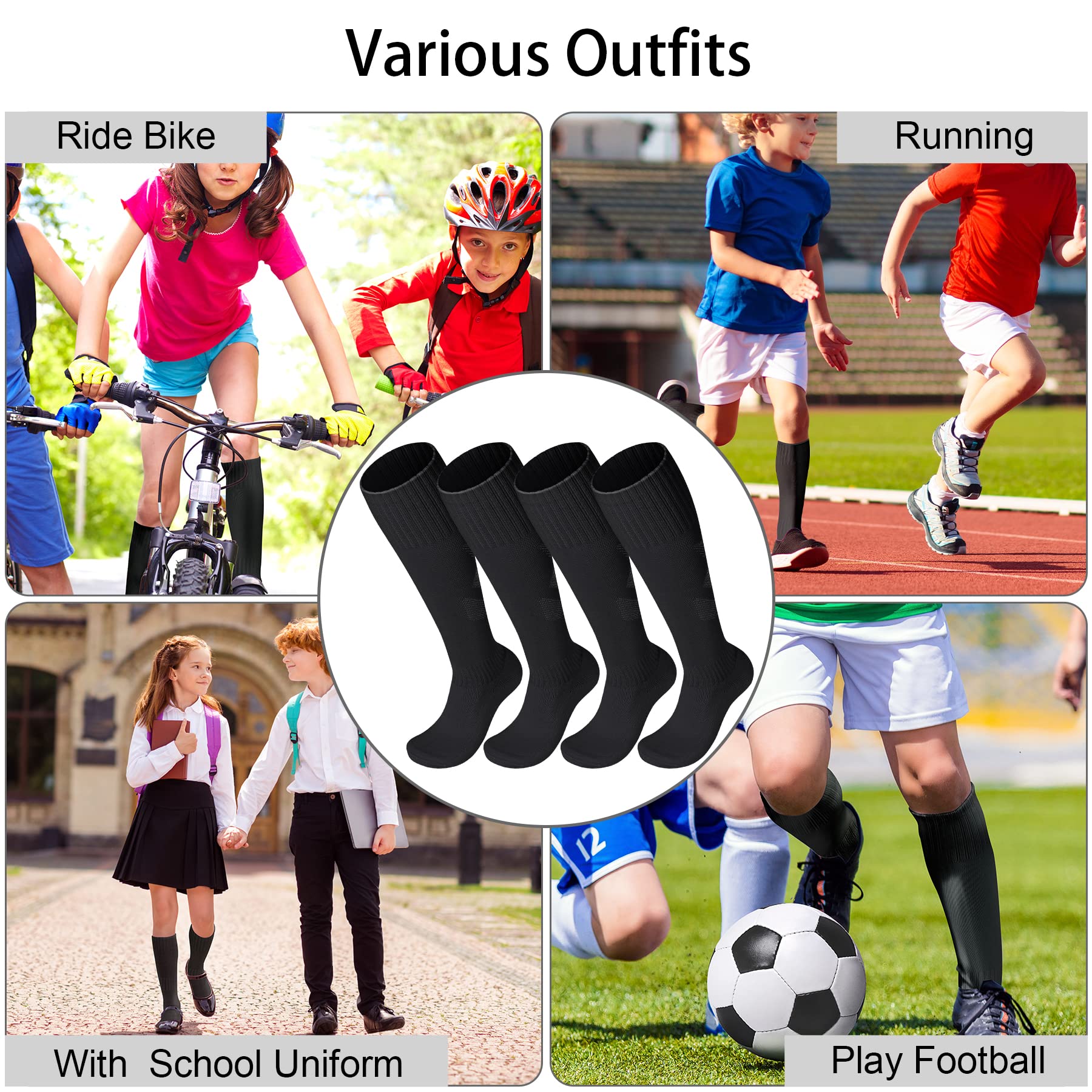 FPAKDH 2 Pairs Kids Soccer Socks for 7-13 Years Old Breathable Sports Training Socks for Girls Boys Football Socks Black