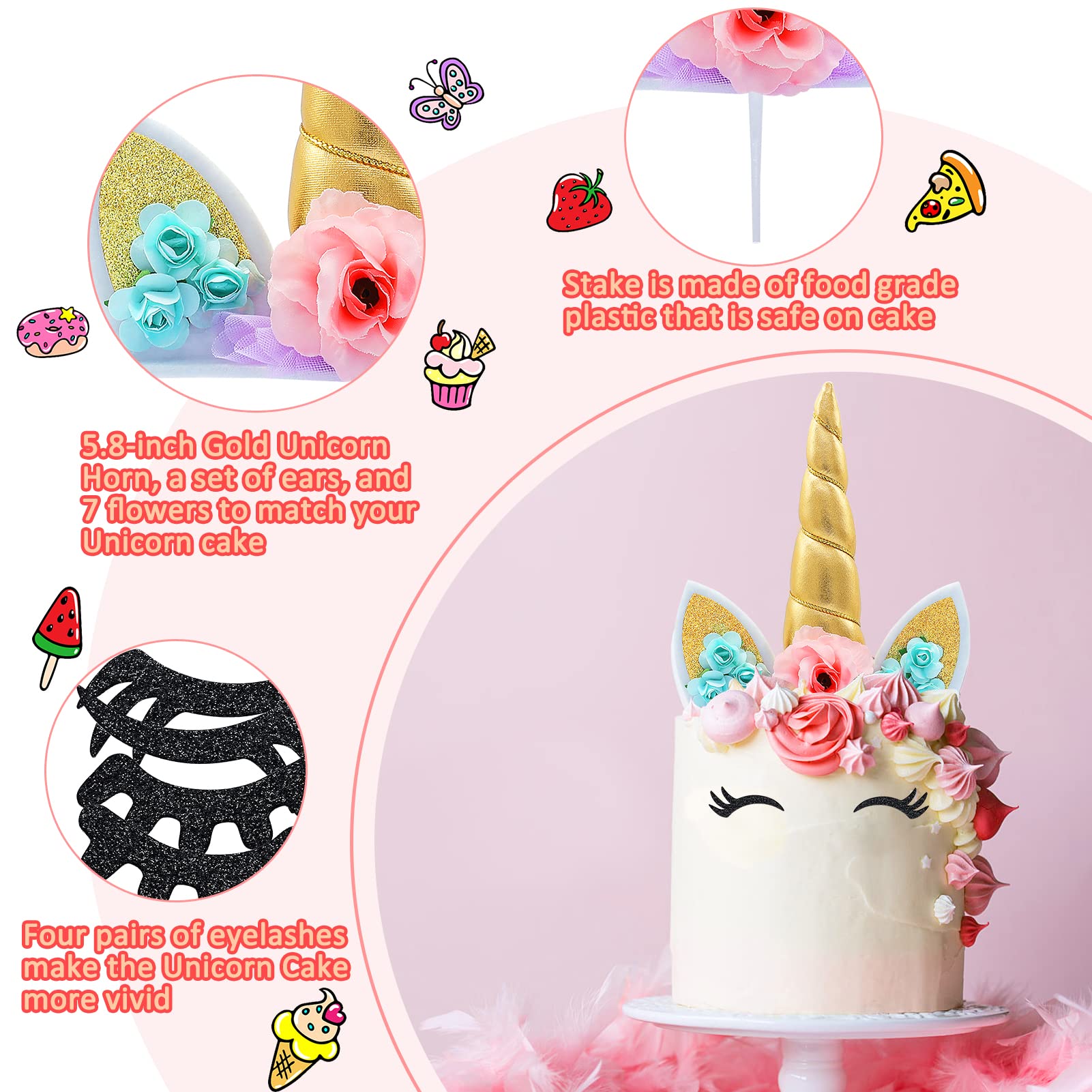 Zkptops Unicorn Cake Topper Birthday Party Supplies Unicorn Birthday Decorations Gold Horn Cake Topper Accessory with Eyelashes Cute Handmade Reusable Cake Toppers for Girls Kids Women 5.8 Inch