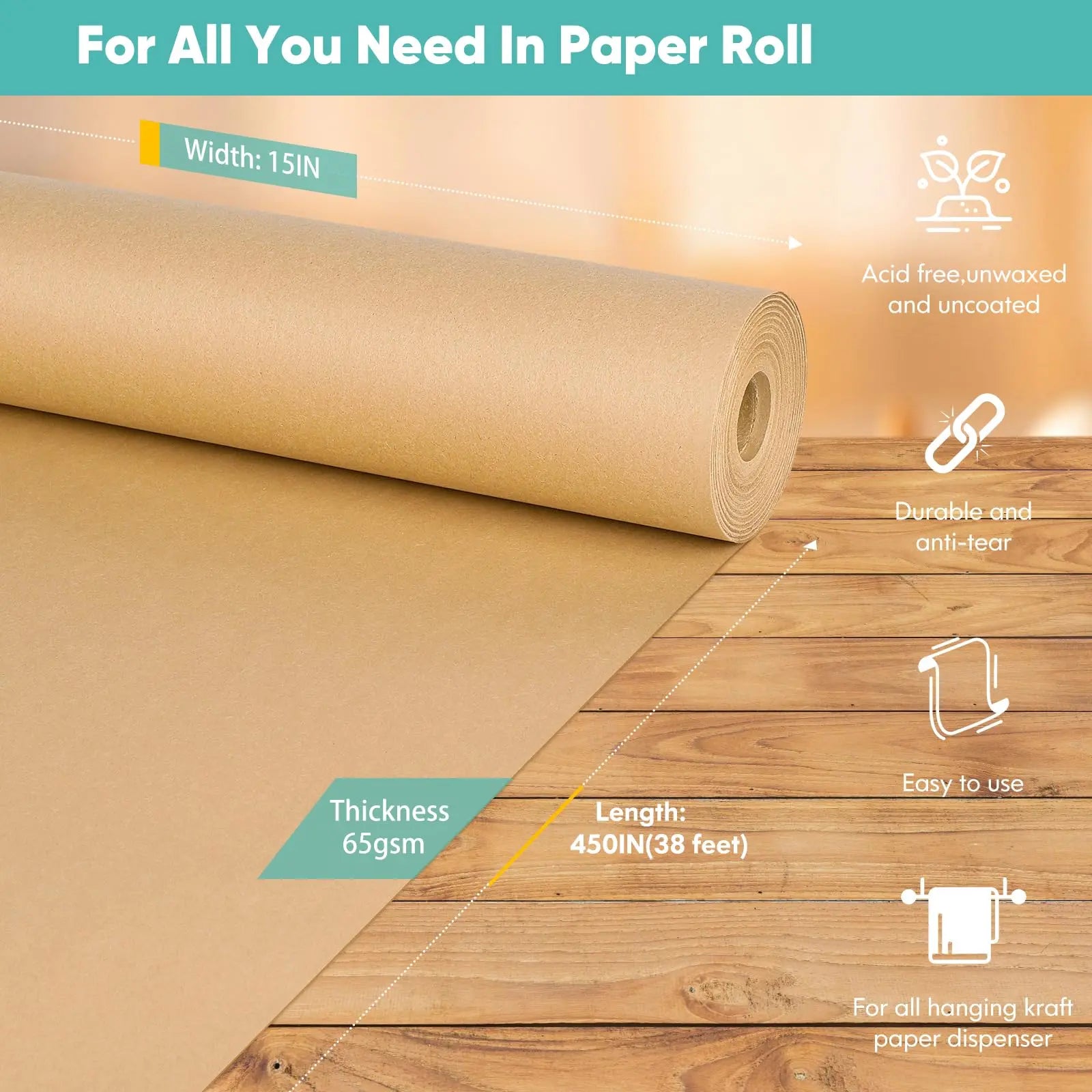 Vanhench Brown Packing Paper Roll 15"×450" (38') for Moving Boxes Supplies, Art Craft Kraft Paper Roll for Gift Floral Bouquet Flower Wrapping, Poster Bulletin Board Paper