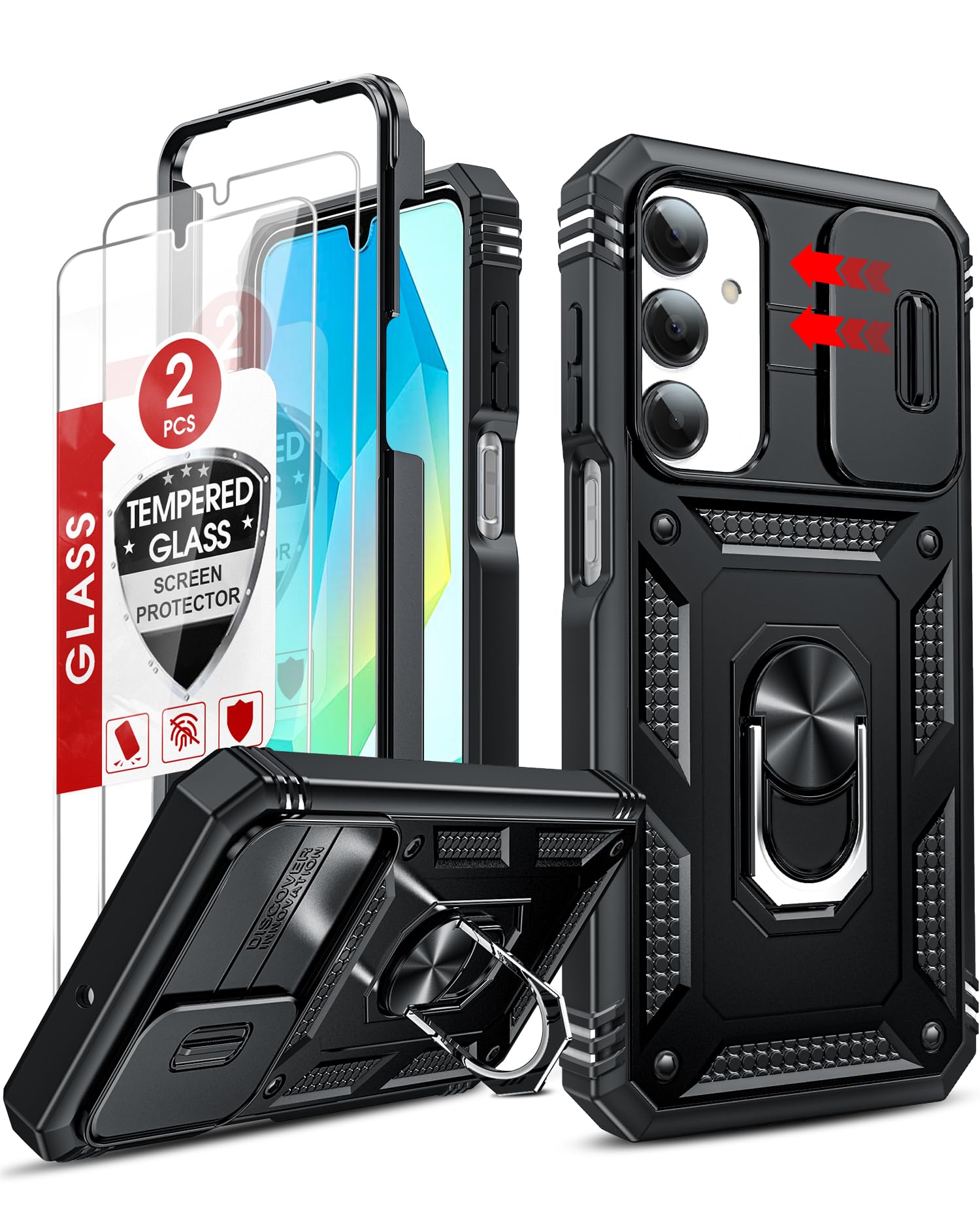 LeYi for Galaxy A16-5G Phone Case: Galaxy A16 5G Screen Protector [2 Packs] with Camera Cover, Military-Grade Heavy Duty Protection Cell Android Basic Funda para Samsung Galaxy A 16 5G Phone, Black