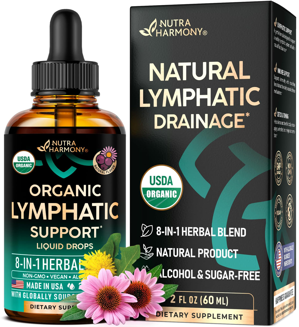 USDA Bio Lymphdrainage Ergänzung - Echinacea | Holunder | Löwenzahn | Hagebutte | Labkraut | Ringelblume | Klette - Hergestellt in den USA - Lymphsystem Tropfen - Immununterstützung, Reinigung & Entgiftung, 60 ml
