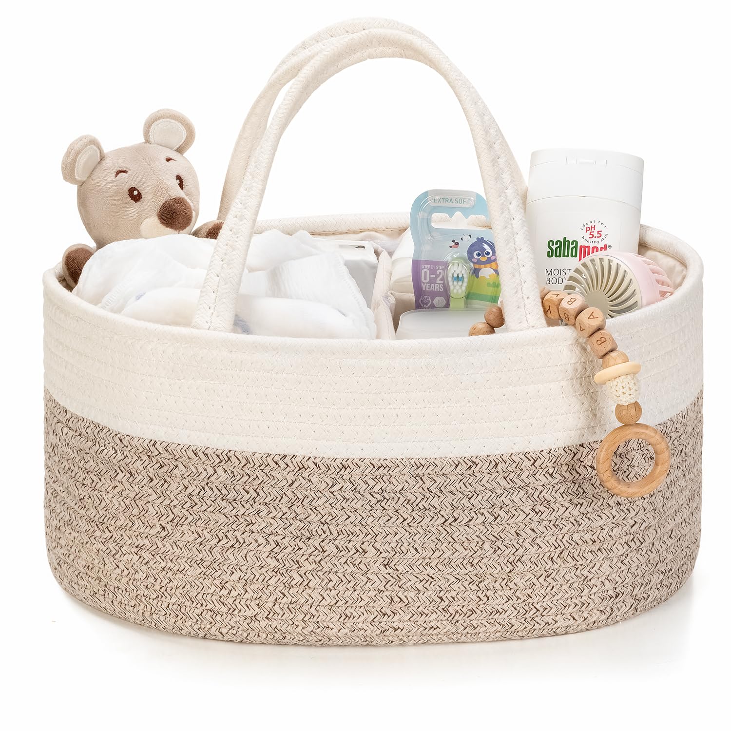 Kodomoore Diaper Caddy Organizer, Empty Gift Basket for Newborn Essentials, Baby Storage Basket, Stylish Gift Bag for Baby Shower, Boys and Girls – Small, White and Beige Brown