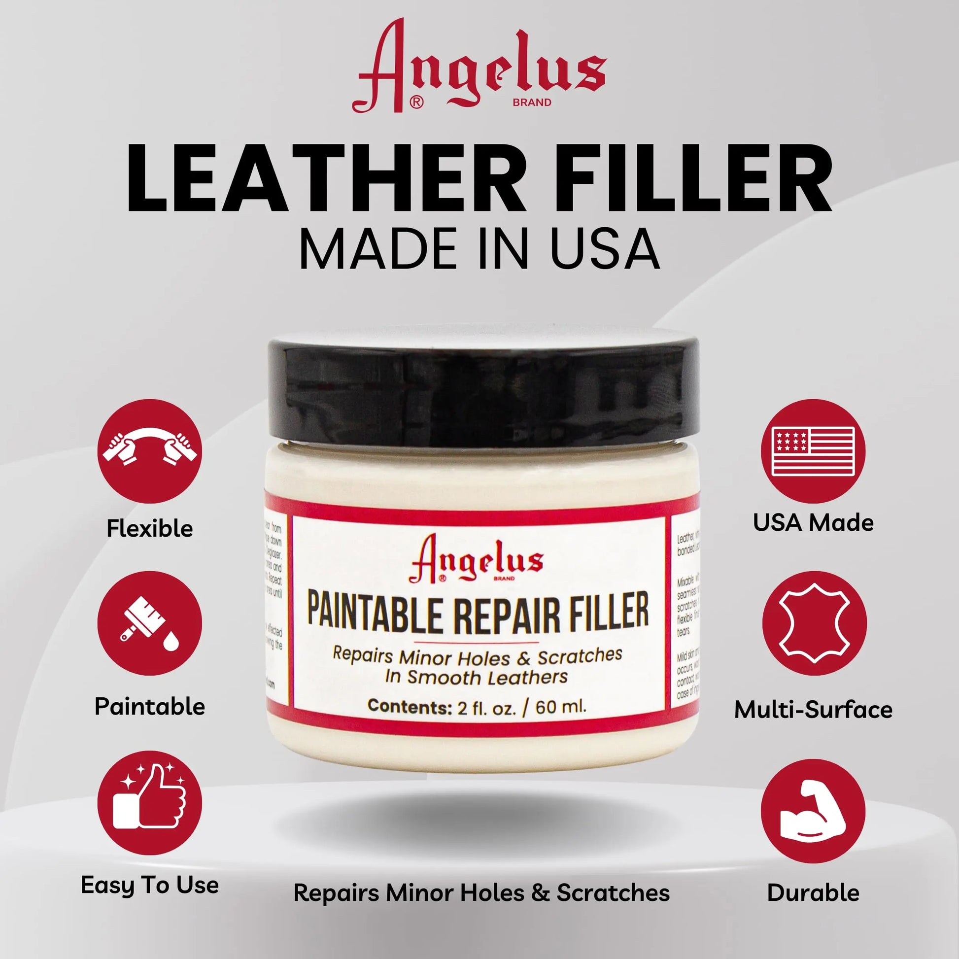 Angelus Leather Filler for Filling or Repairing Holes, Tears, Cracks, Scratches, for Leather Car Seats, Furniture, Shoes - Flexible | Made in USA - 2 fl oz