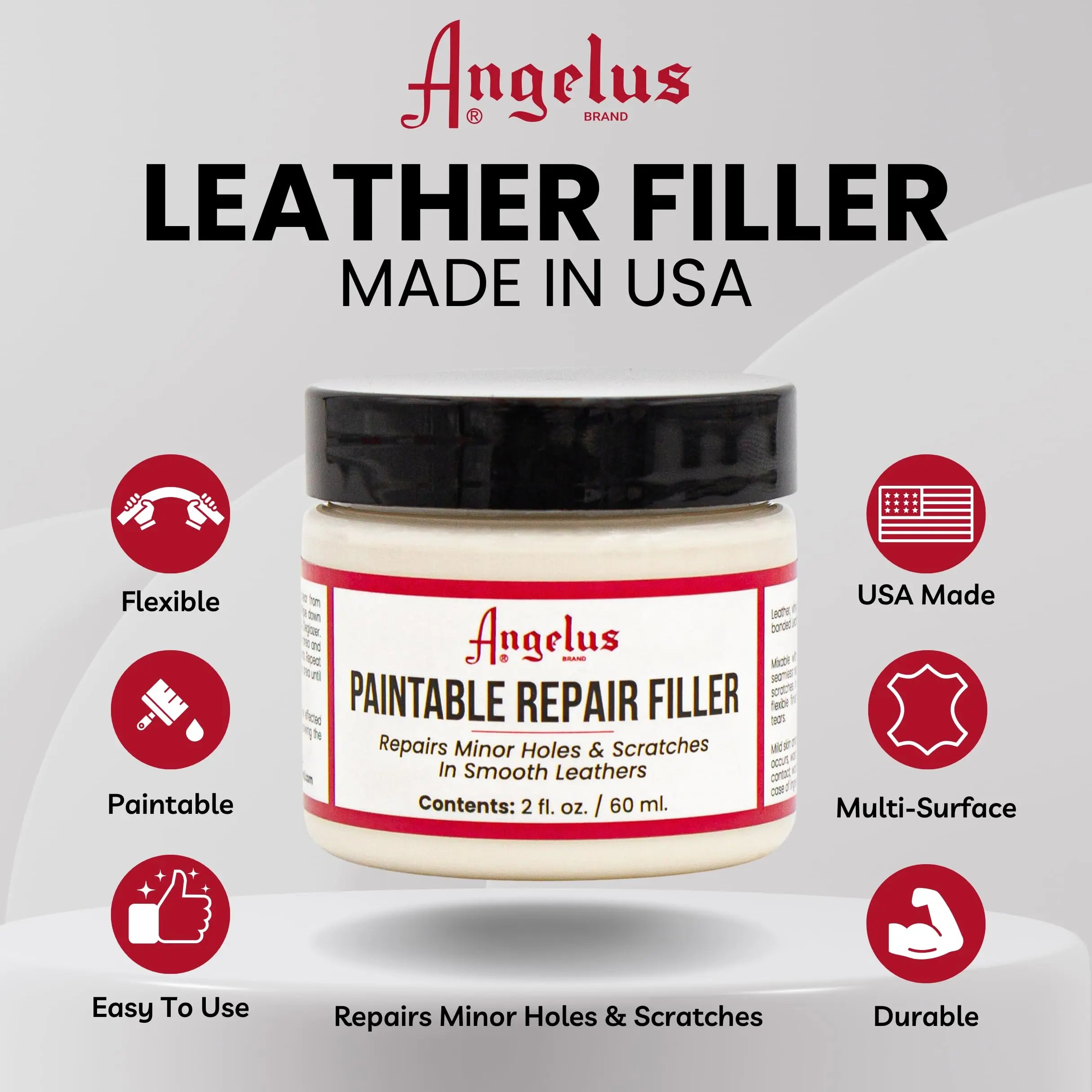 Angelus Leather Filler for Filling or Repairing Holes, Tears, Cracks, Scratches, for Leather Car Seats, Furniture, Shoes - Flexible | Made in USA - 2 fl oz