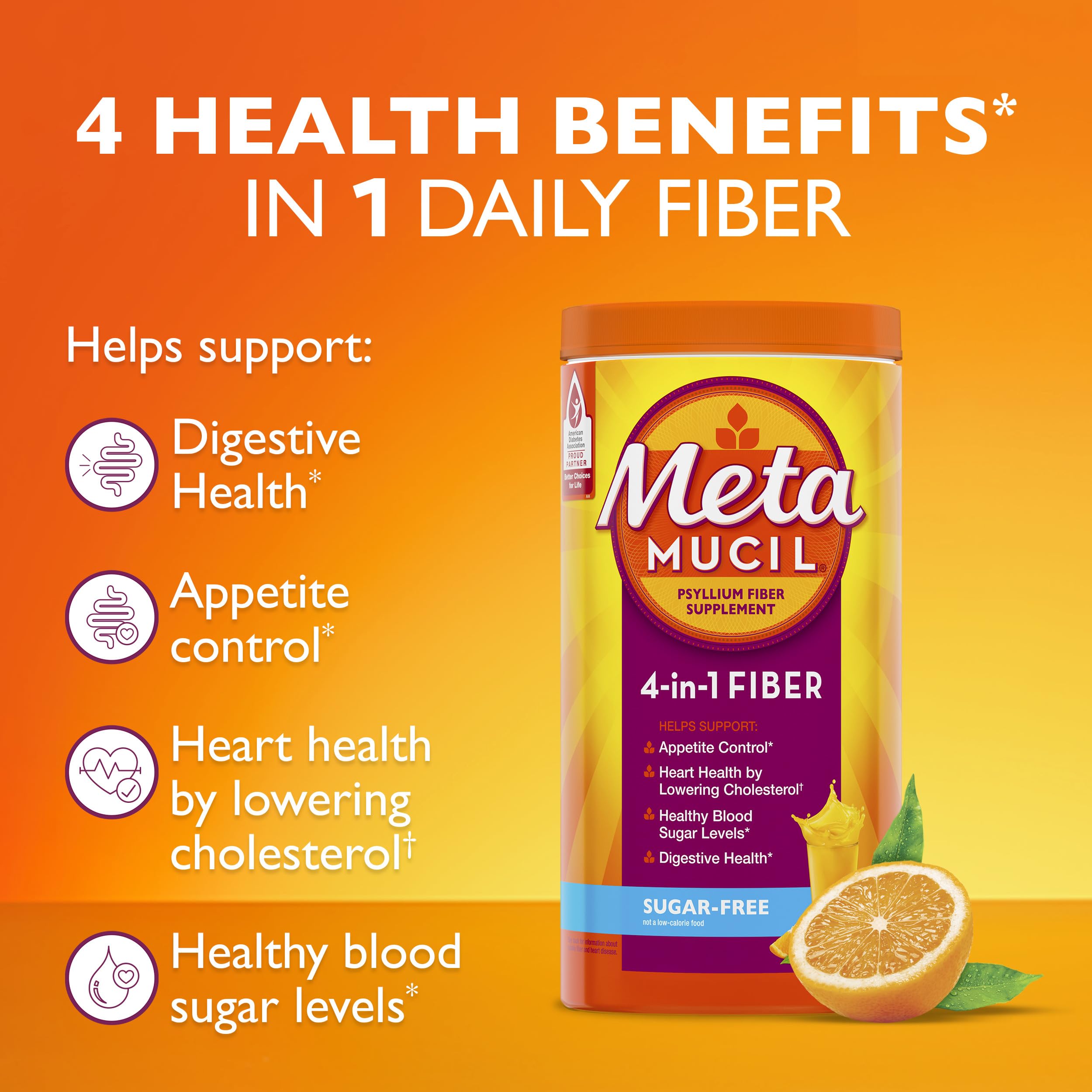 Metamucil 4-in-1 Psyllium Husk Fiber Supplement, Sugar-Free, 72 teaspoons, Orange Flavored, Daily Fiber Powder for Digestive Health, made with Plant-Based Psyllium Husk Fiber