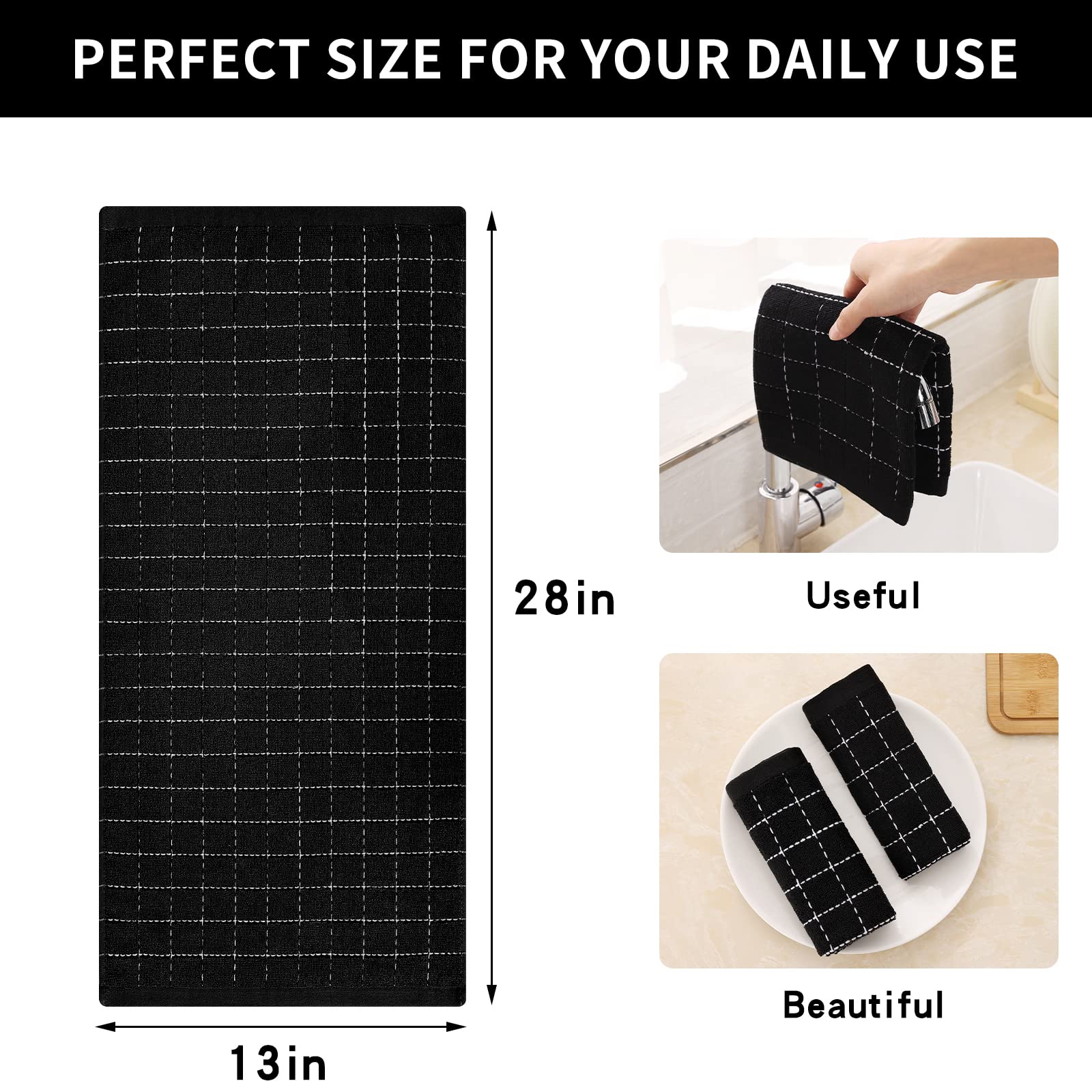 Homaxy 100% Cotton Terry Kitchen Towels(Black, 13 x 28 inches), Checkered Designed, Soft and Super Absorbent Dish Towels, 4 Pack