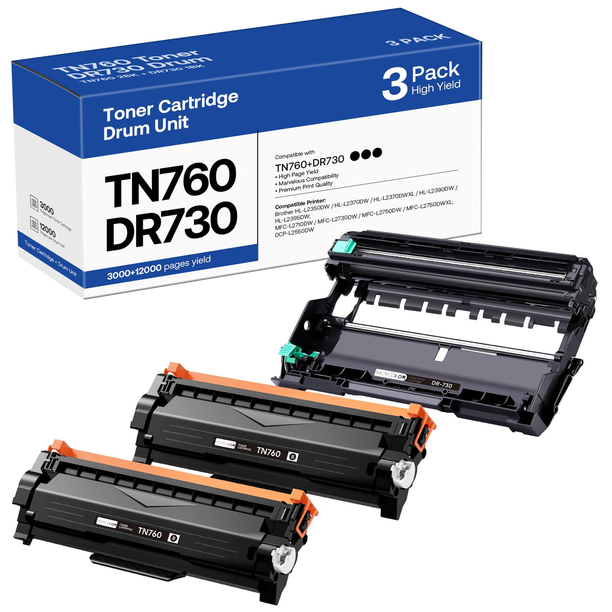 TN760 Tonerkartusche und DR730 Trommeleinheit Ersatz für Brother TN 760 TN-760 TN730 DR-730 zur Verwendung mit MFC-L2710DW MFC-L2750DW HL-L2370DW DCP-L2550DW Drucker (2 Toner, 1 Trommeleinheit, 3er-Pack)