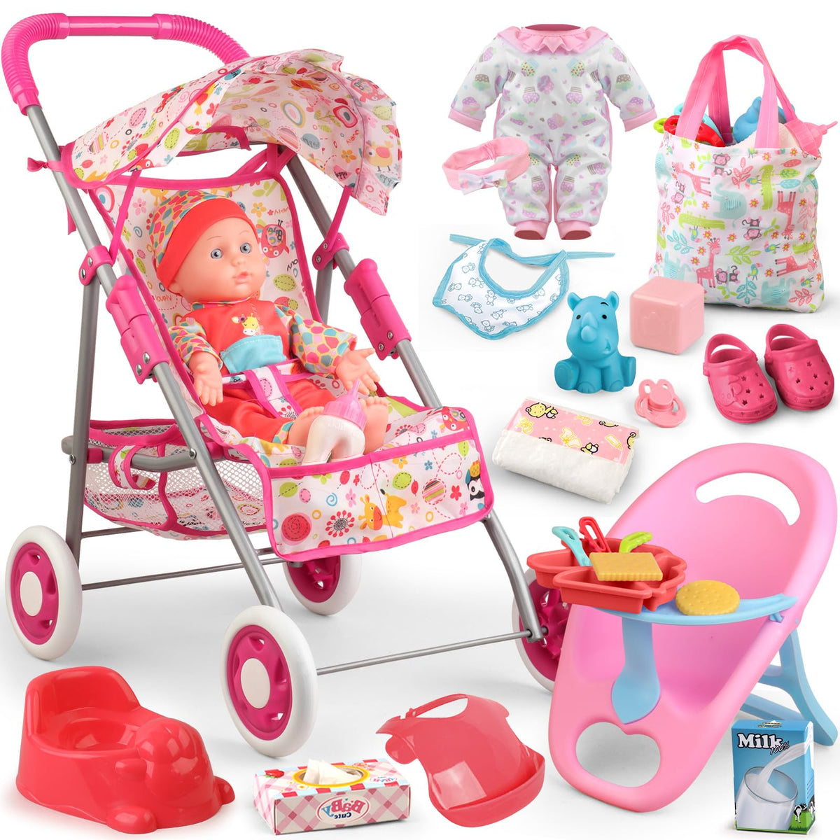 Baby-Puppenwagen-Set Spielzeug für Mädchen Kleinkinder 3-5 4-6 Geschenke, Baby-Puppen-Set mit 12,5-Zoll-Puppe, 1 Baby-Essstuhl, 20-teiliges Baby-Puppen-Zubehör und 2 Sets Puppenkleidung für realistisches Rollenspiel