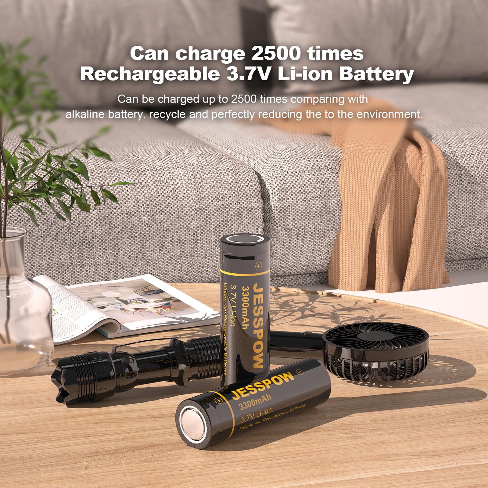 JESSPOW 18650 Rechargeable Battery 3.7V 3300mAh Flat Top, Batteries for Flashlight, Camera, Small Fan, Outdoor Garden Lights 4 Pack