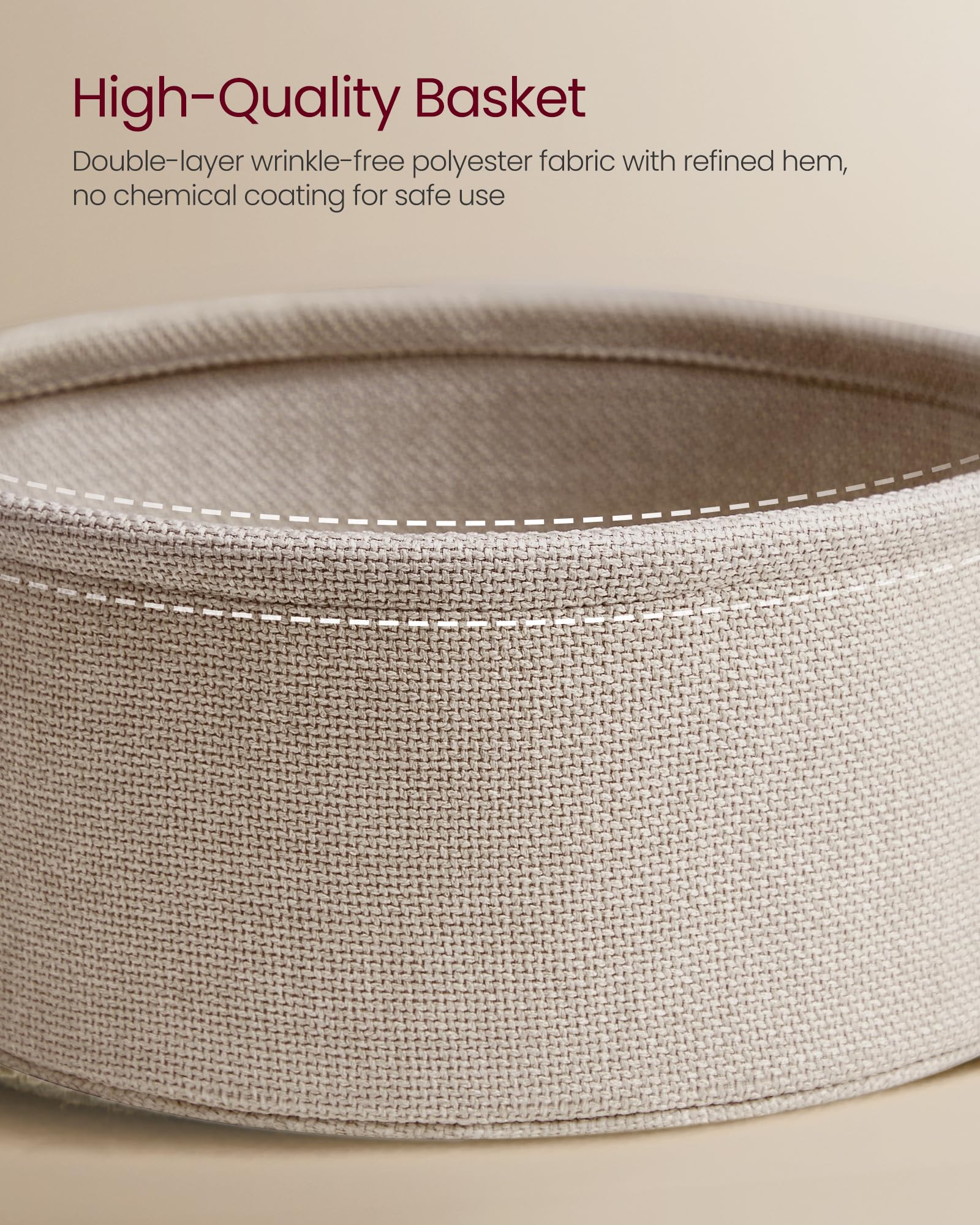 VASAGLE Small Round Side End Table, Modern Nightstand with Fabric Basket, Matte White and Camel Brown ULET223W10