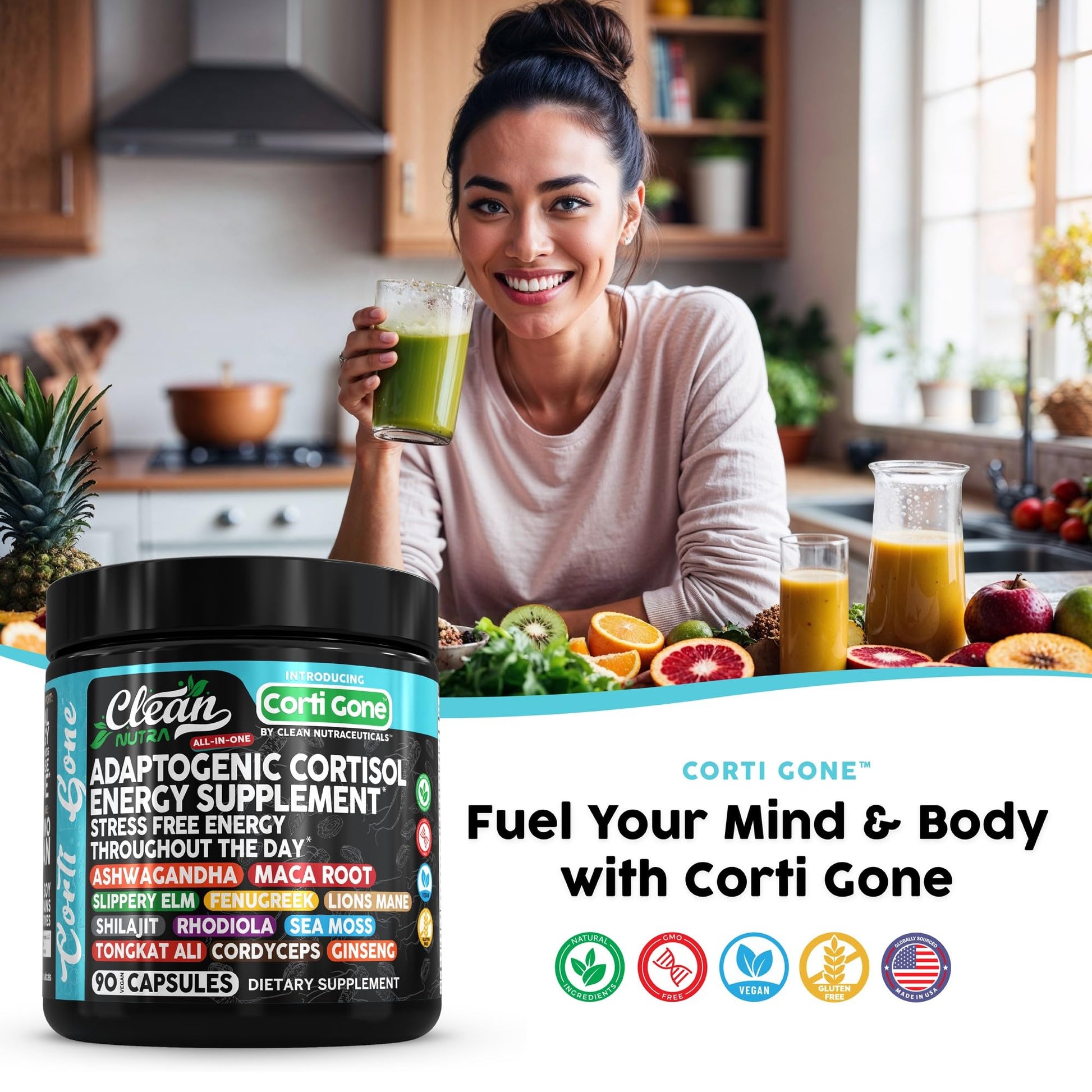 Clean Nutra Cortisol Supplements For Women | Maca Root Ashwagandha Cortisol Detox Manager Reducer + Slippery Elm Fenugreek Lions Mane Shilajit Rhodiola Sea Moss Tongkat Ali Cordyceps Ginseng Beet Root