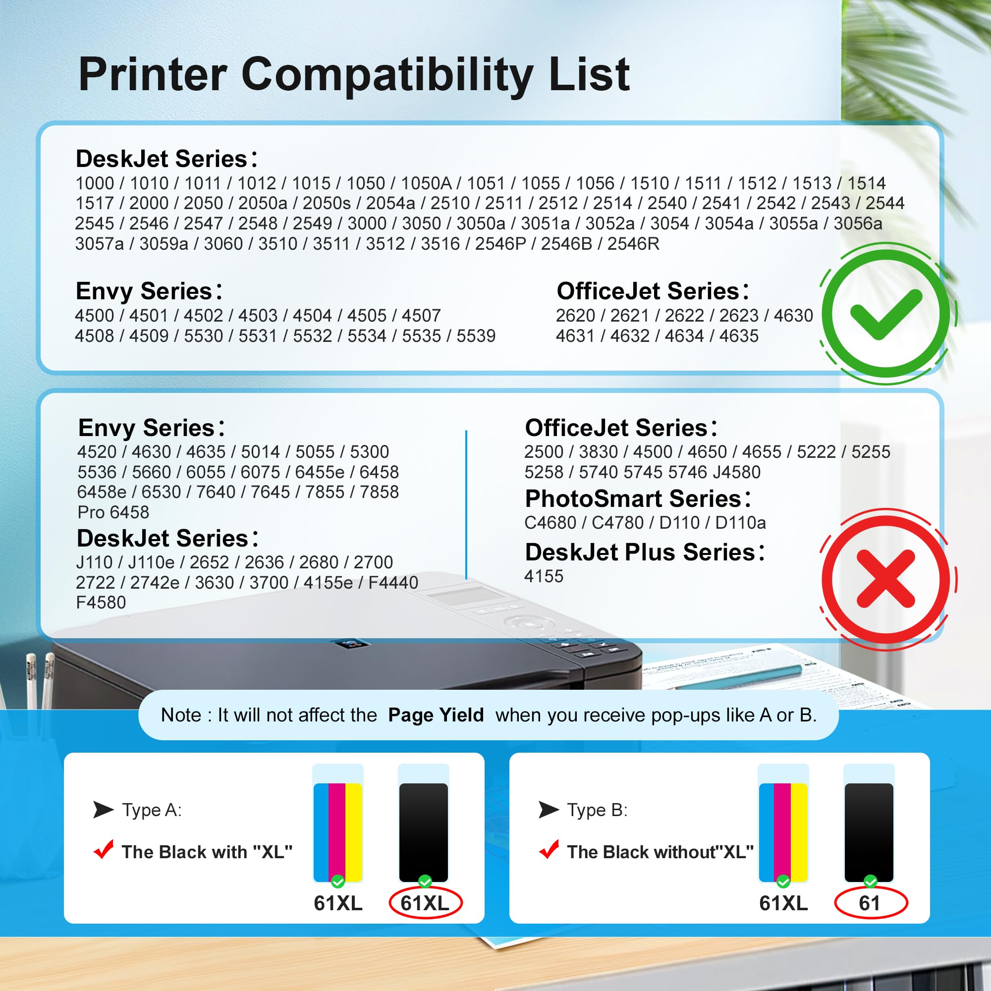 Adoccur 61XL Ink Cartridge Replacement for HP Ink 61 for HP 61 Ink Works with HP Envy 4500 5530 5534 4502 Deskjet 1000 1010 2540 3000 3510 Officejet 4630 4635 Printer (2 Pack)