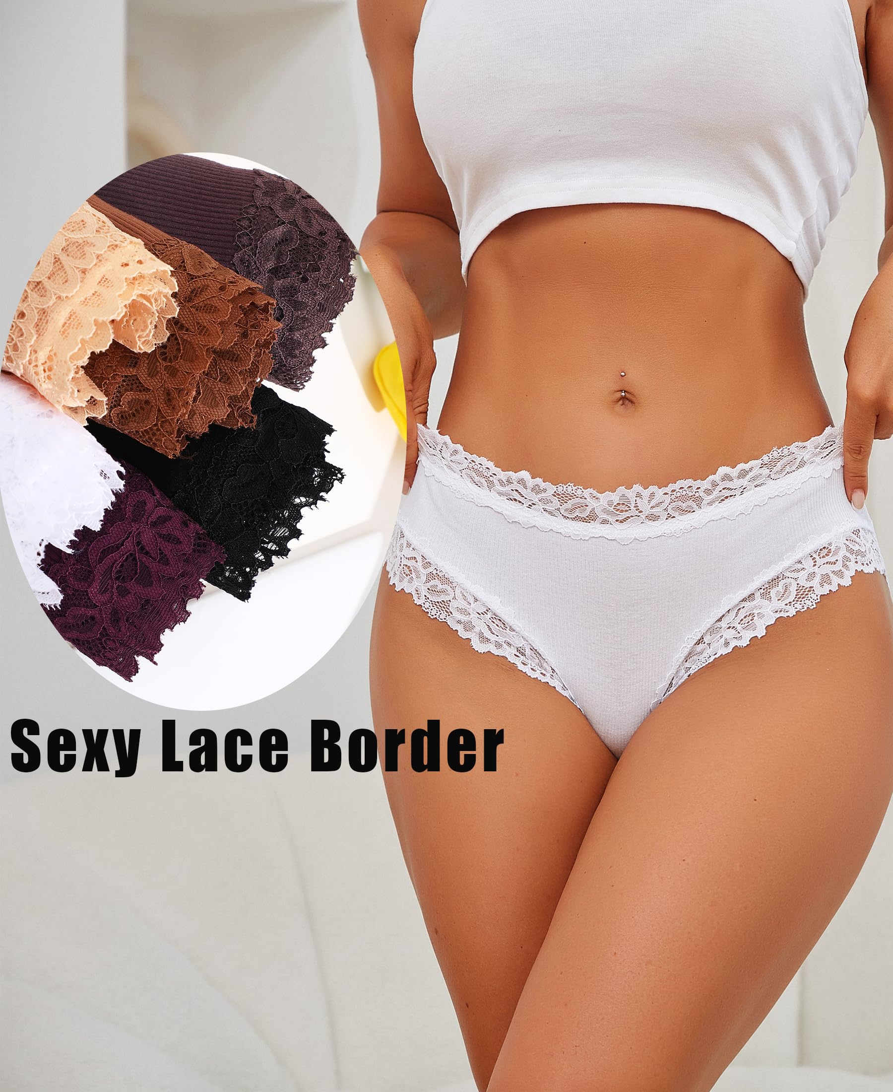 Knowyou Cotton Underwear for Women Cheeky Bikini Womens Underwear Pack Sexy Lace Wasit Hipster Brief Panties for Ladies-M