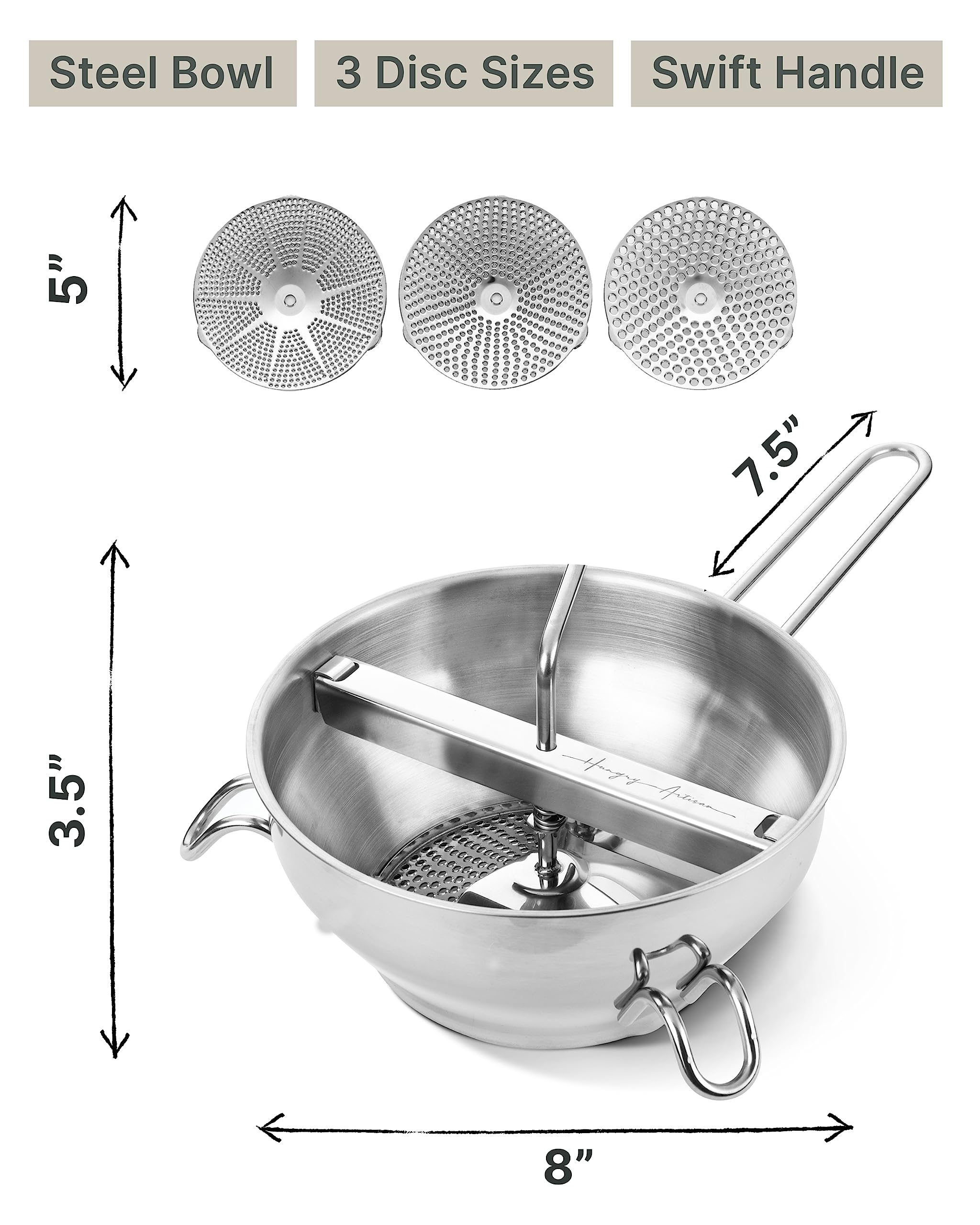 Ergonomic Food Mill Stainless Steel With 3 Grinding Discs - Rotary Food Mill for Tomato Sauce, Applesauce, Puree, Mashed Potatoes, Jams, Baby Food