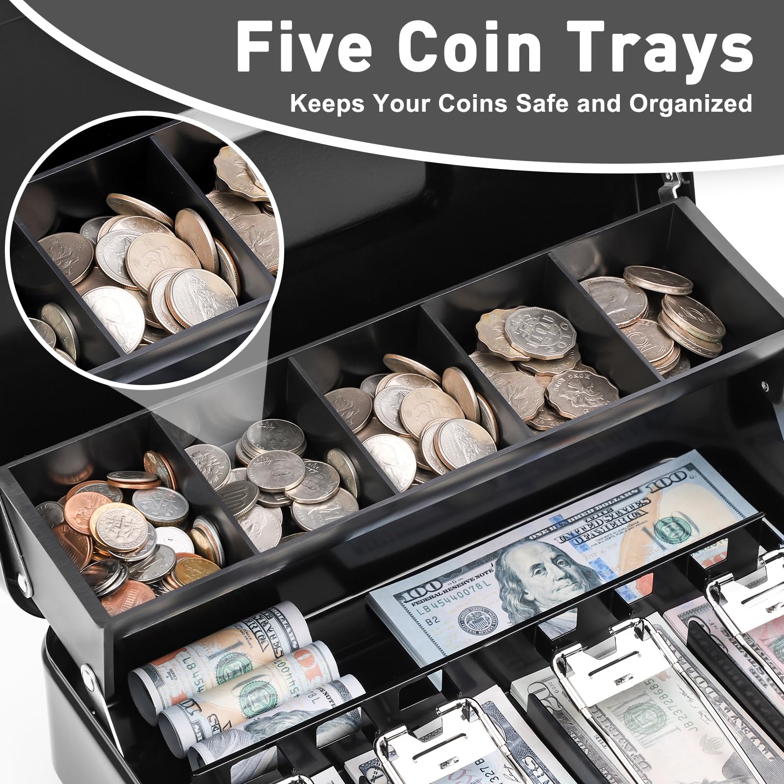 KYODOLED Locking Cash Box with Lock,Money Box with Cash Tray,Lock Safe Box with Key,Money Saving Organizer,11.81Lx 9.45Wx 3.54H Inches,Black XL Large