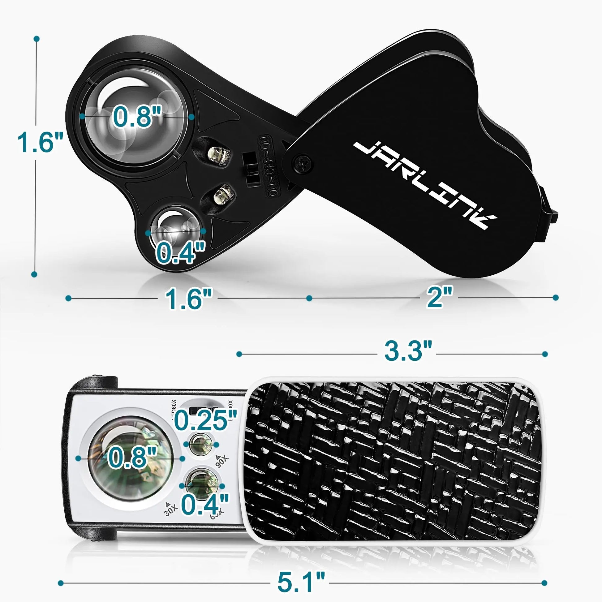 JARLINK 3 Pack Jewelers Loupe, 30X 60X 90X Illuminated Jewelers Eye Magnifier and Magnifying Glass Loop with UV Black Light and Bright LED Light for Gems, Jewelry, Diamond, Coins, Stamps
